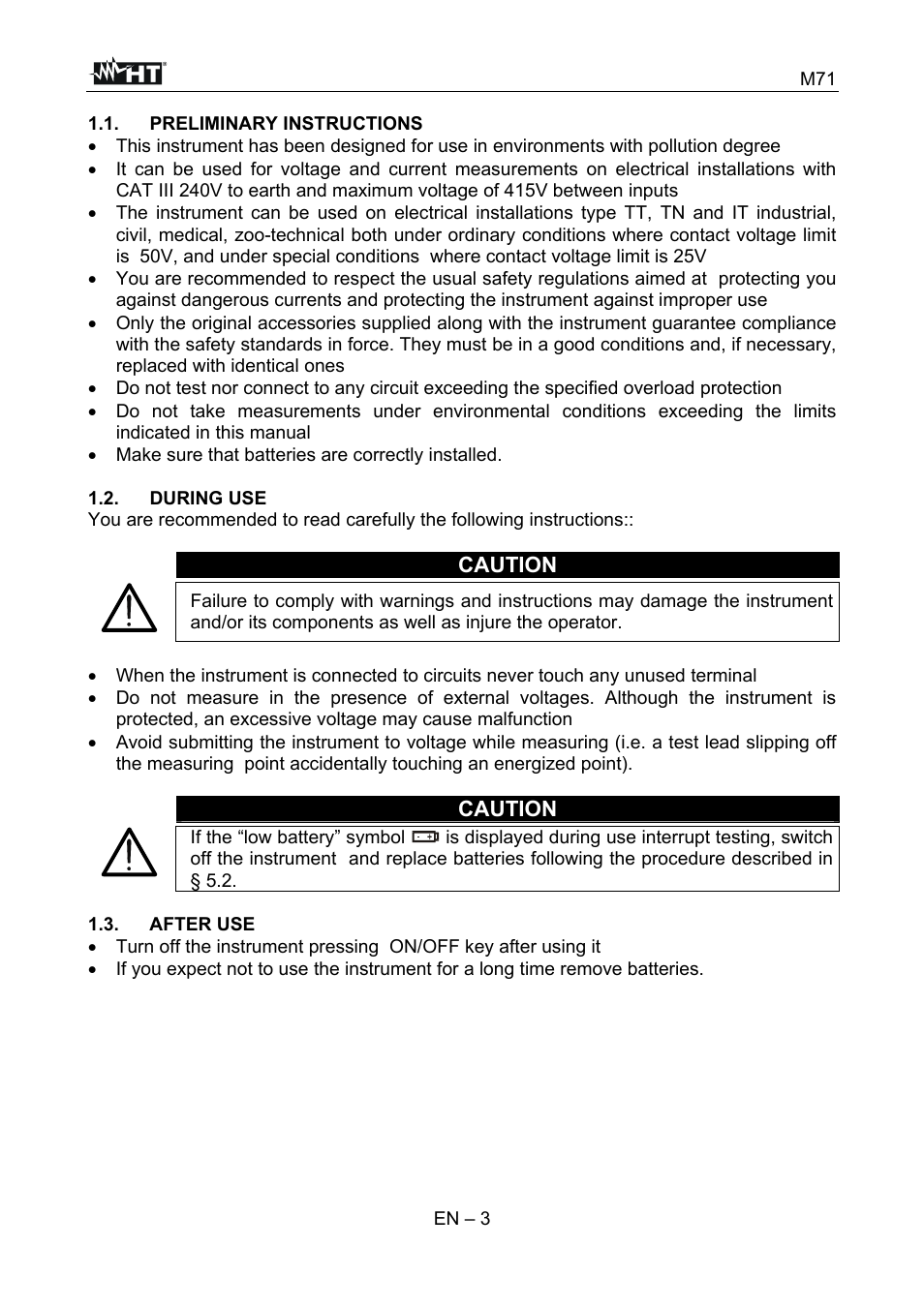 Caution | HT instruments M71 User Manual | Page 4 / 26