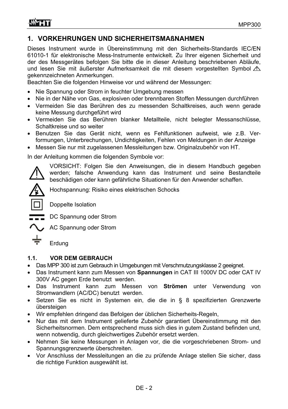 Vorkehrungen und sicherheitsmaßnahmen, Mpp300, De - 2 | Hochspannung: risiko eines elektrischen schocks, Doppelte isolation, Dc spannung oder strom, Ac spannung oder strom, Erdung | HT instruments MPP300 User Manual | Page 60 / 114