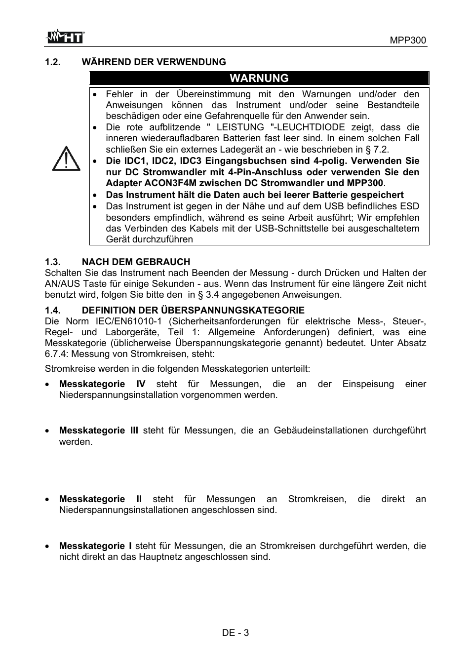 Warnung | HT instruments MPP300 User Manual | Page 61 / 114