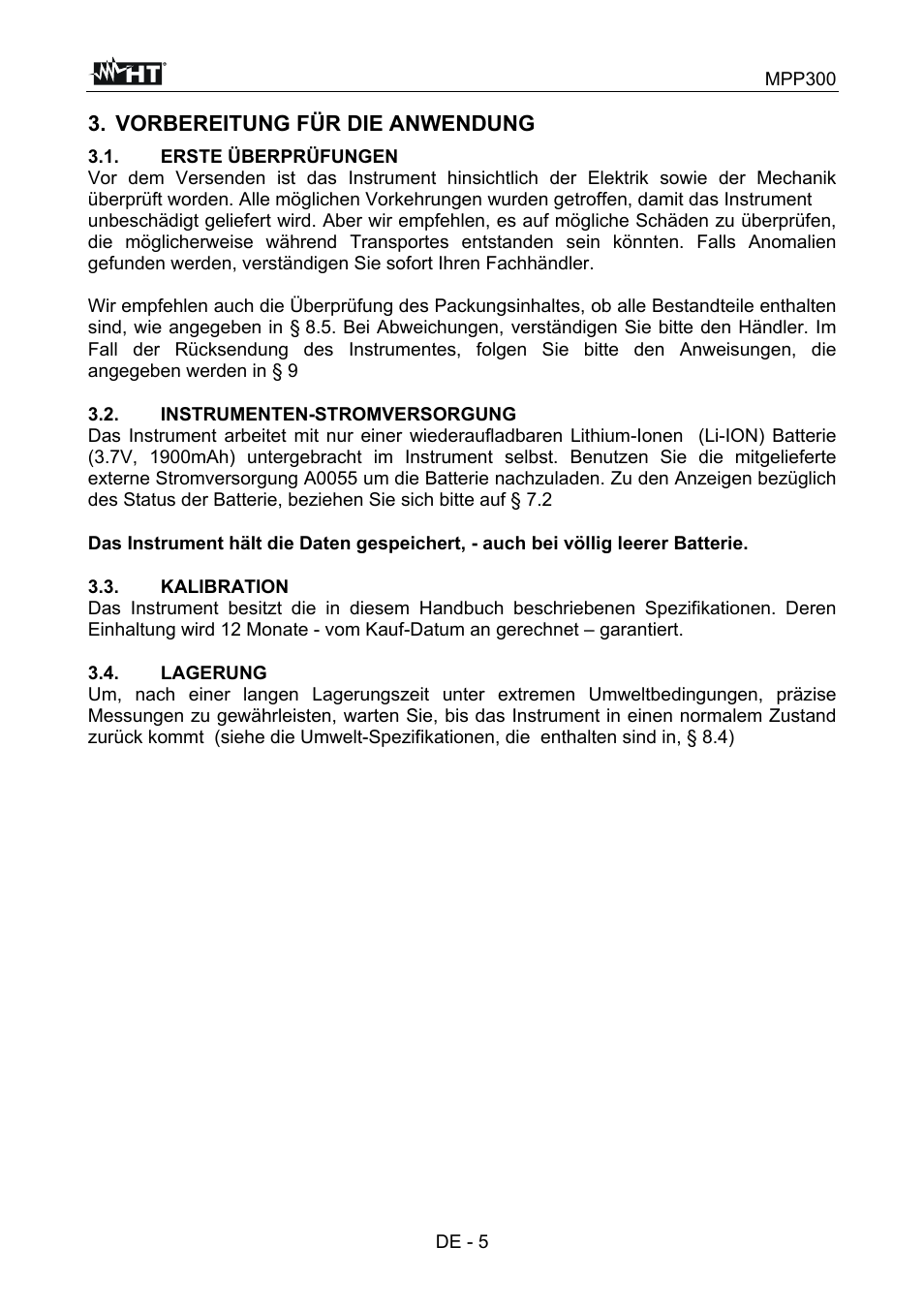 Vorbereitung für die anwendung | HT instruments MPP300 User Manual | Page 63 / 114