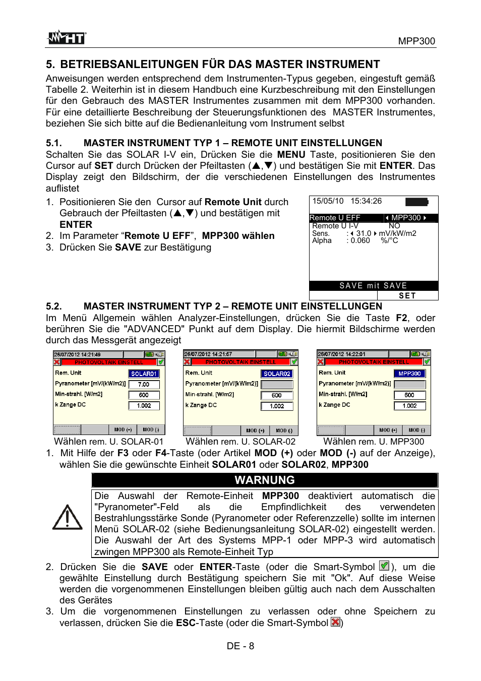 Betriebsanleitungen für das master instrument, Warnung, Mpp300 | De - 8, Wählen | HT instruments MPP300 User Manual | Page 66 / 114