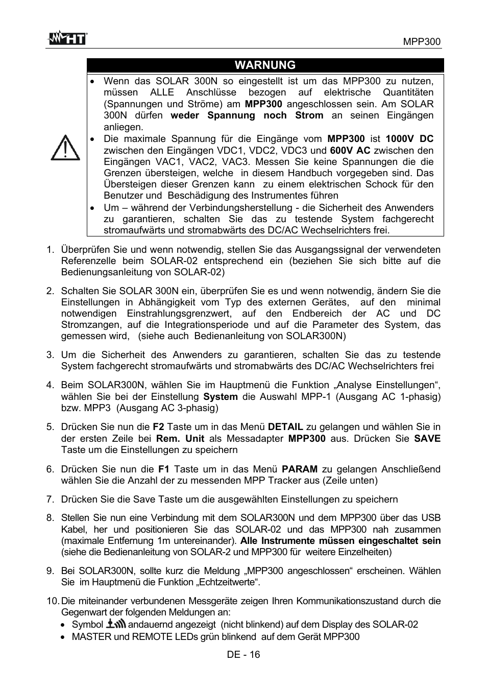 Warnung | HT instruments MPP300 User Manual | Page 74 / 114