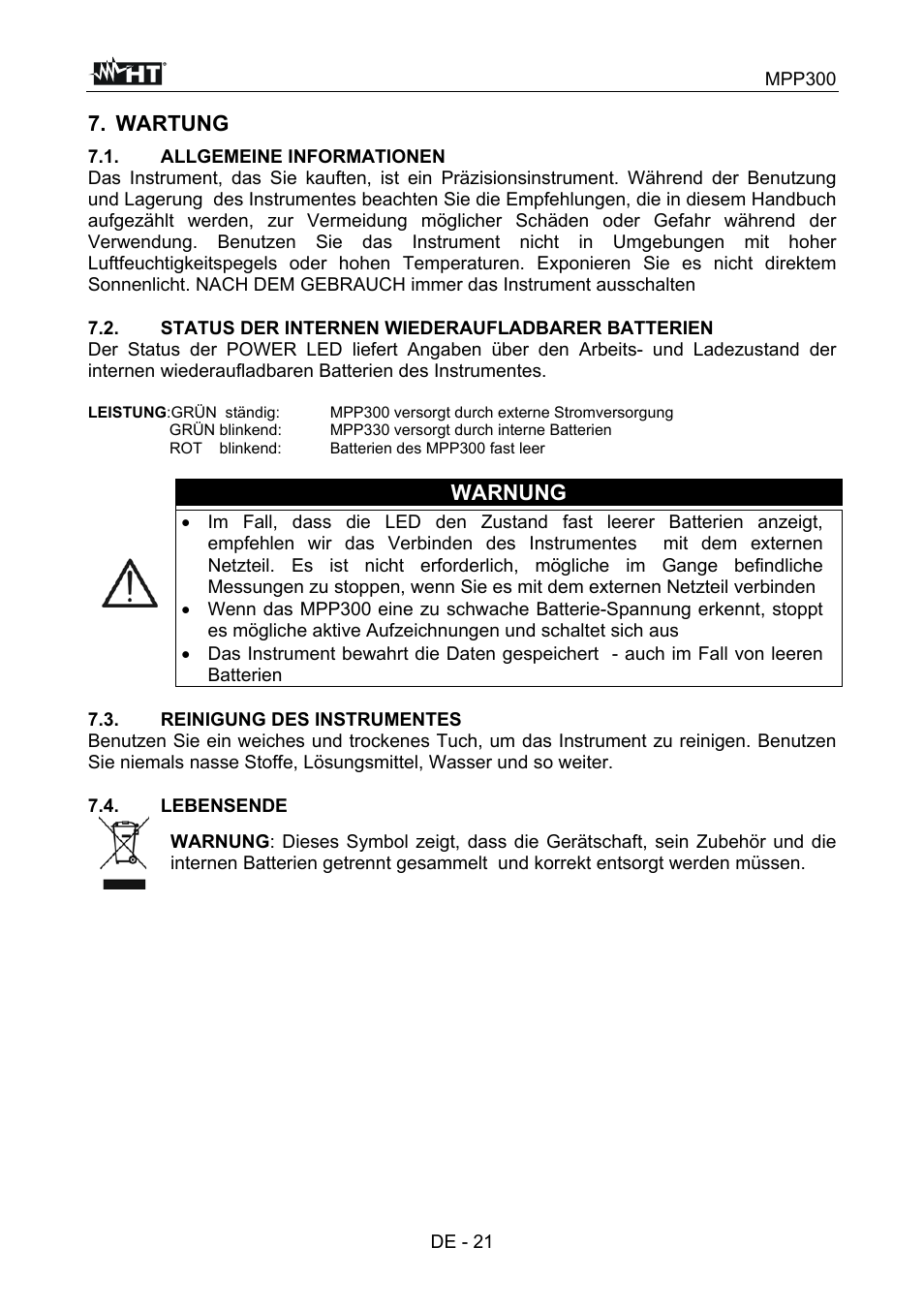 Wartung, Warnung | HT instruments MPP300 User Manual | Page 79 / 114
