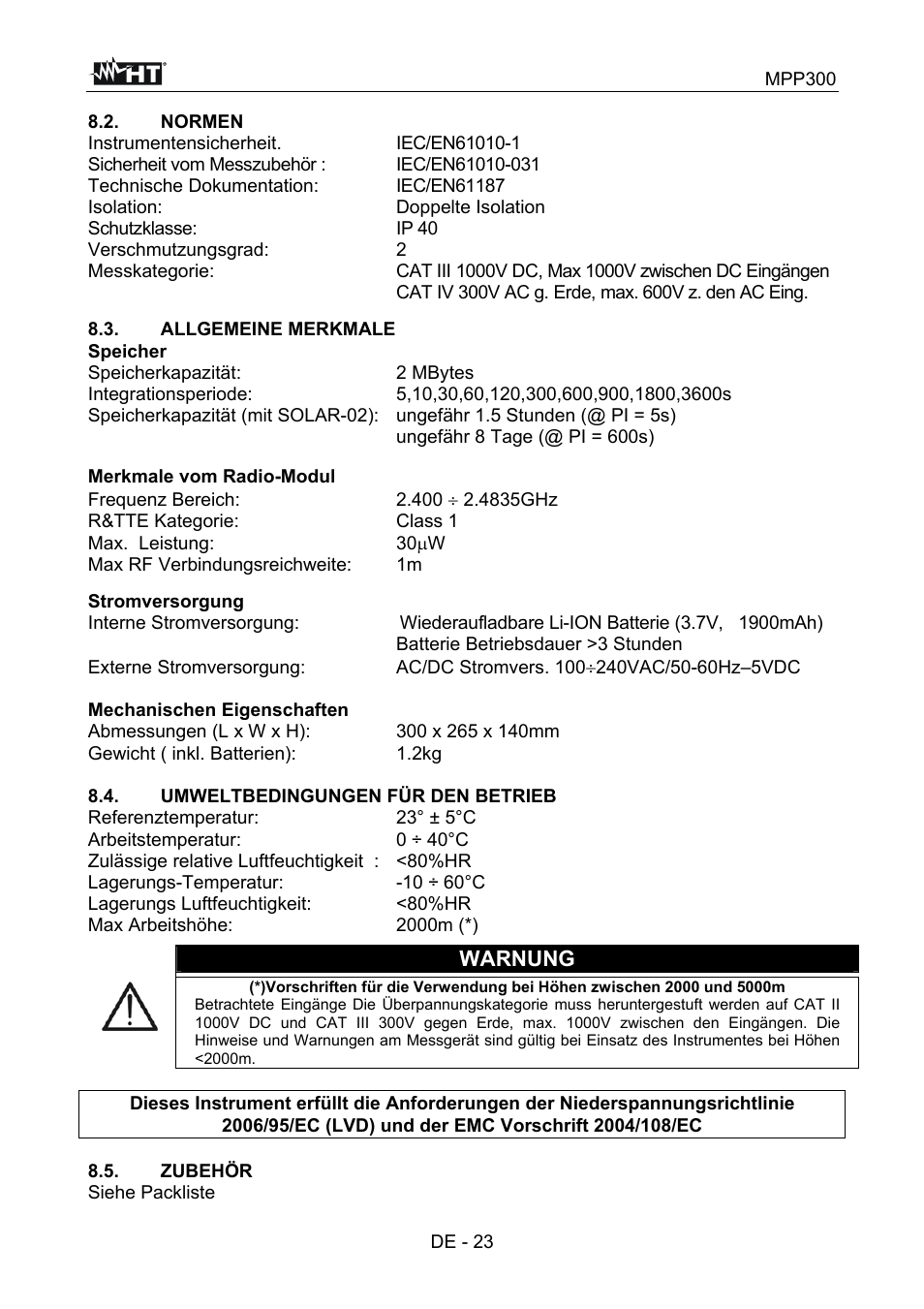 Warnung | HT instruments MPP300 User Manual | Page 81 / 114