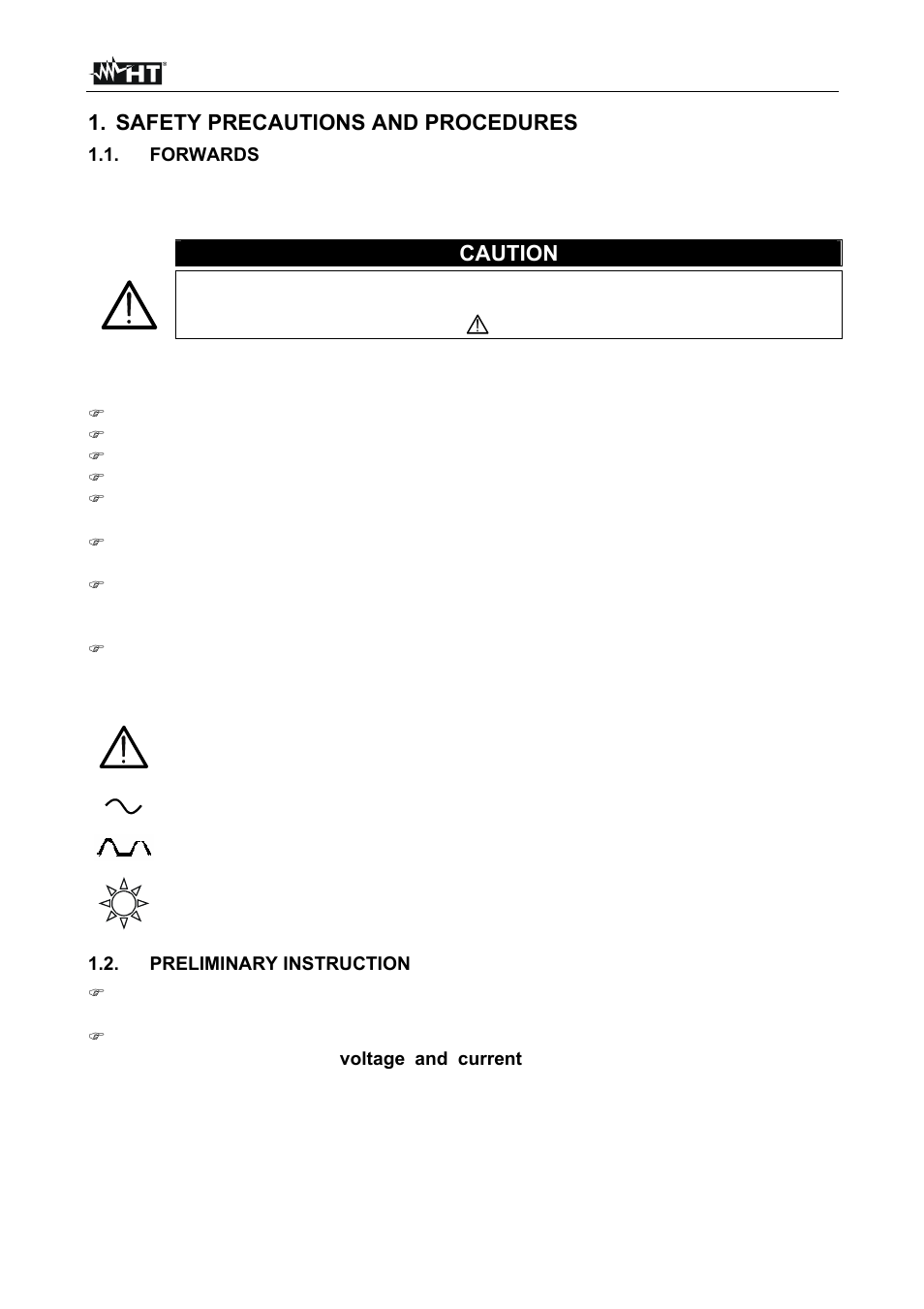 Safety precautions and procedures, Caution | HT instruments SIRIUS89N User Manual | Page 6 / 132