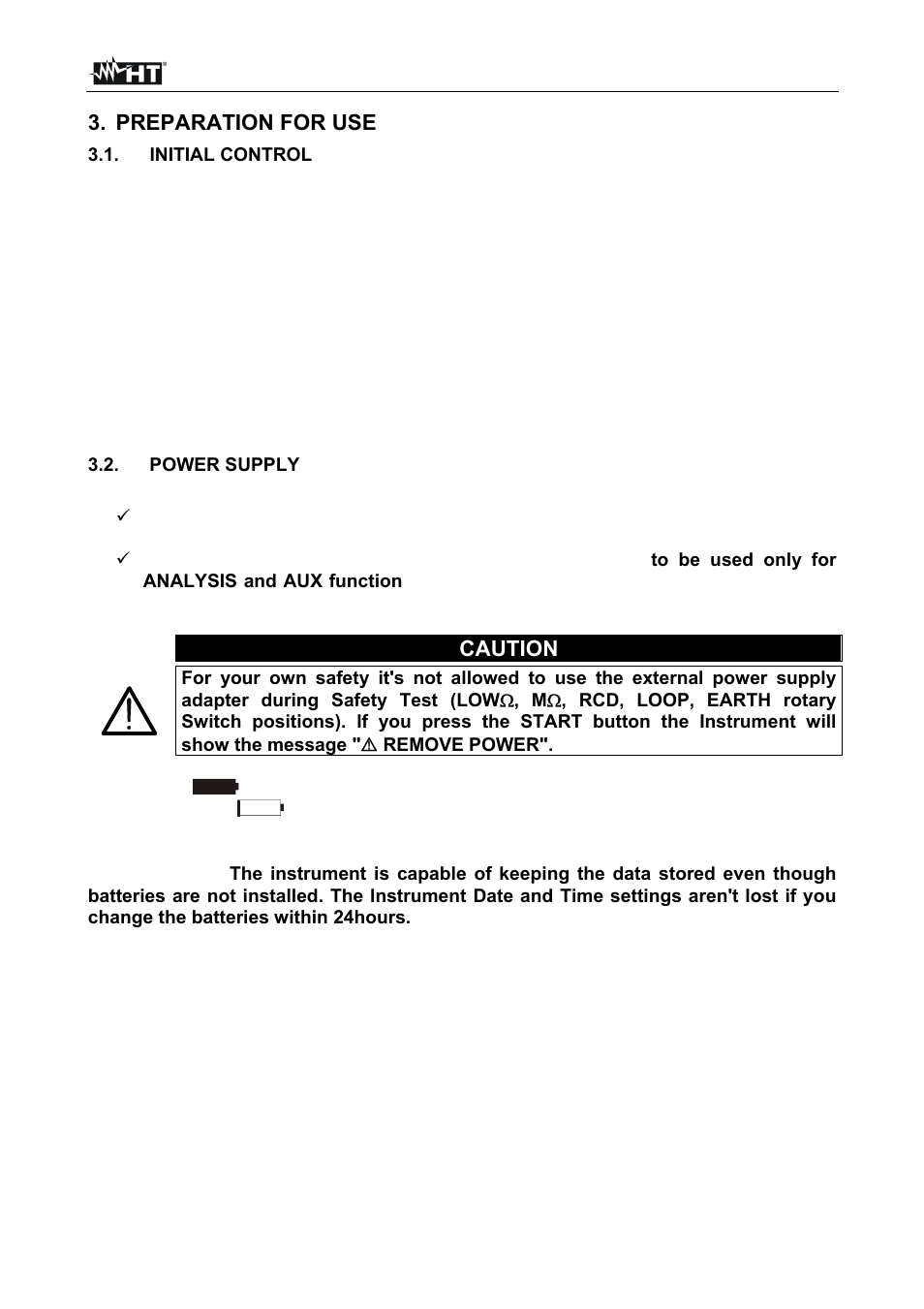 Preparation for use, Caution | HT instruments SIRIUS89N User Manual | Page 9 / 132