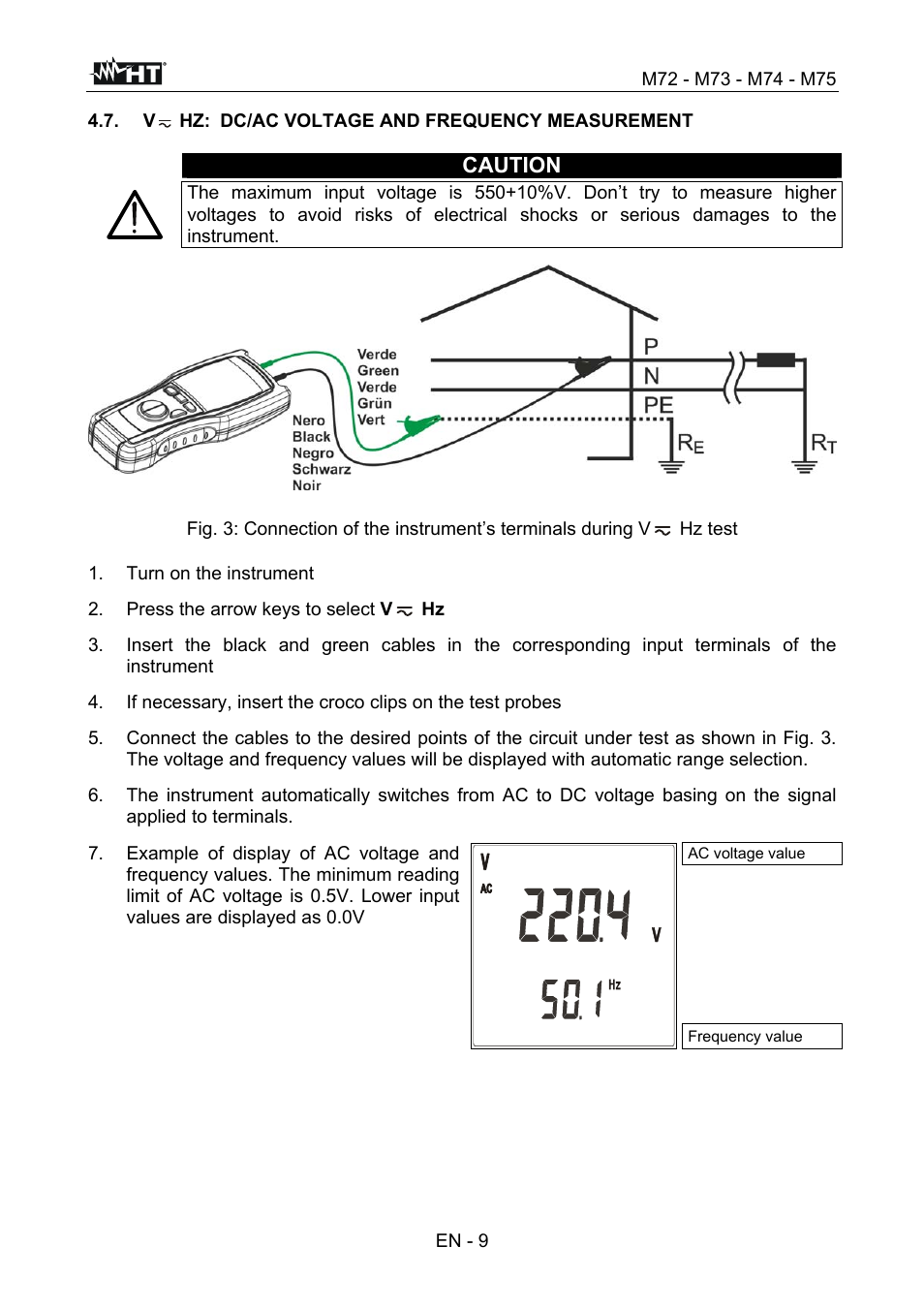 Caution, Turn on the instrument, Press the arrow keys to select v hz | HT instruments М75 User Manual | Page 11 / 48