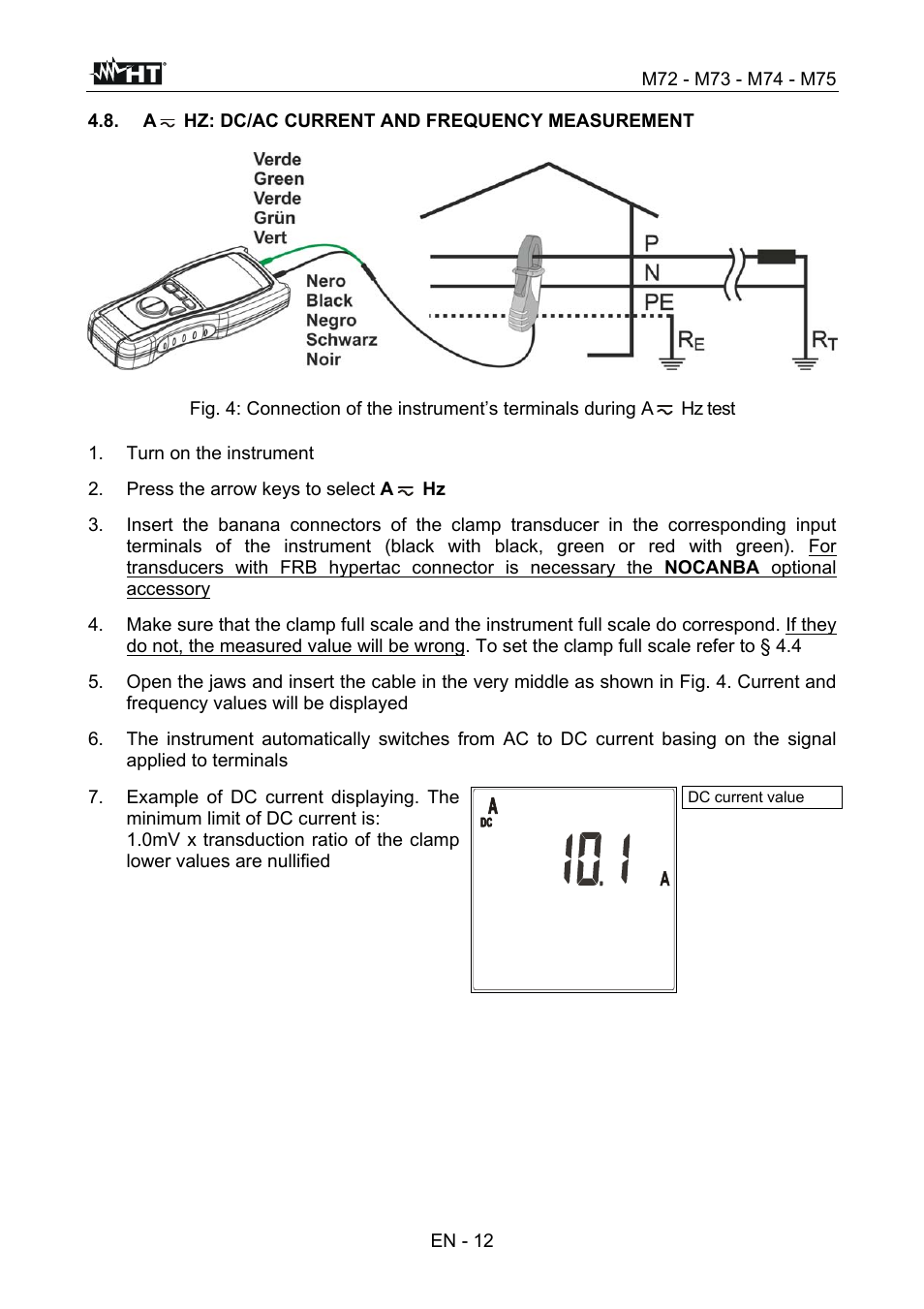 Turn on the instrument, Press the arrow keys to select a hz | HT instruments М75 User Manual | Page 14 / 48