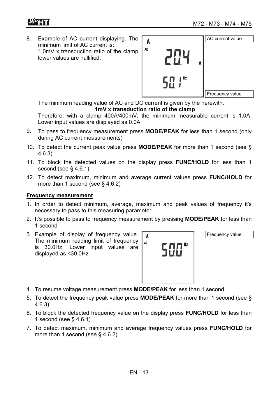 En - 13, Frequency measurement, Ac current value | Frequency value | HT instruments М75 User Manual | Page 15 / 48