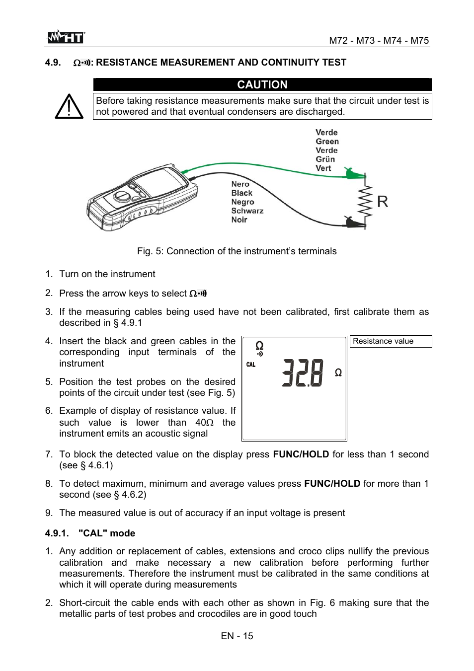 Caution, Fig. 5: connection of the instrument’s terminals, Turn on the instrument | Press the arrow keys to select, "cal" mode | HT instruments М75 User Manual | Page 17 / 48