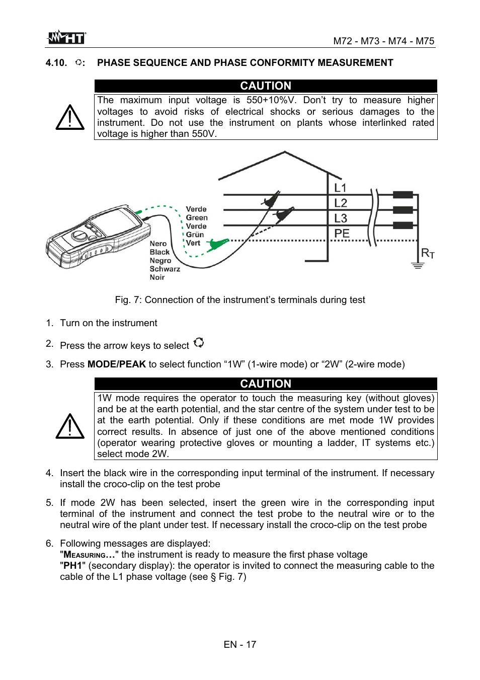 Caution, Turn on the instrument, Press the arrow keys to select | Following messages are displayed: " m | HT instruments М75 User Manual | Page 19 / 48