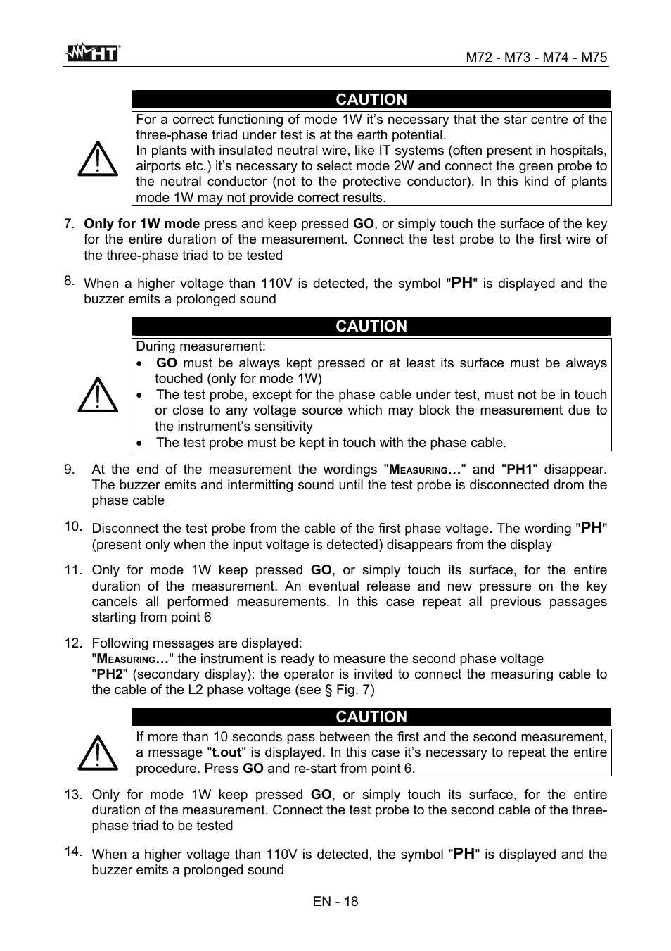 Caution, En - 18, At the end of the measurement the wordings " m | Following messages are displayed: " m | HT instruments М75 User Manual | Page 20 / 48