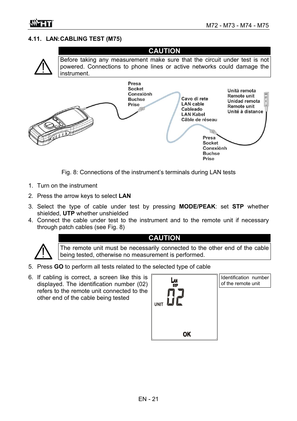 Caution, Turn on the instrument, Press the arrow keys to select lan | HT instruments М75 User Manual | Page 23 / 48