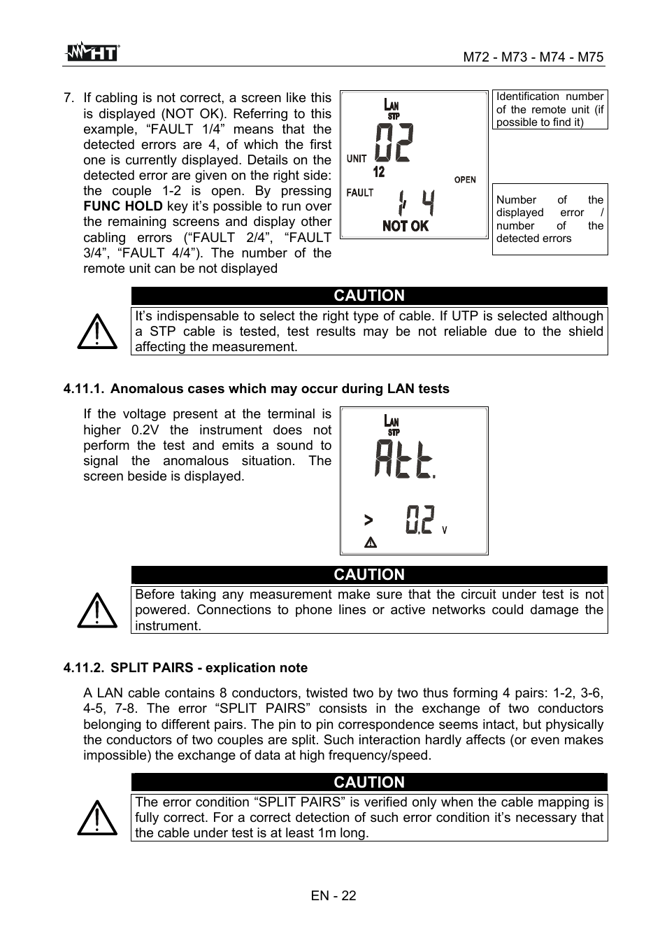 Caution, En - 22, Anomalous cases which may occur during lan tests | HT instruments М75 User Manual | Page 24 / 48