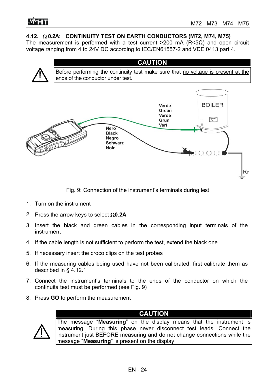 Caution, Turn on the instrument, Press the arrow keys to select  0.2a | Press go to perform the measurement | HT instruments М75 User Manual | Page 26 / 48