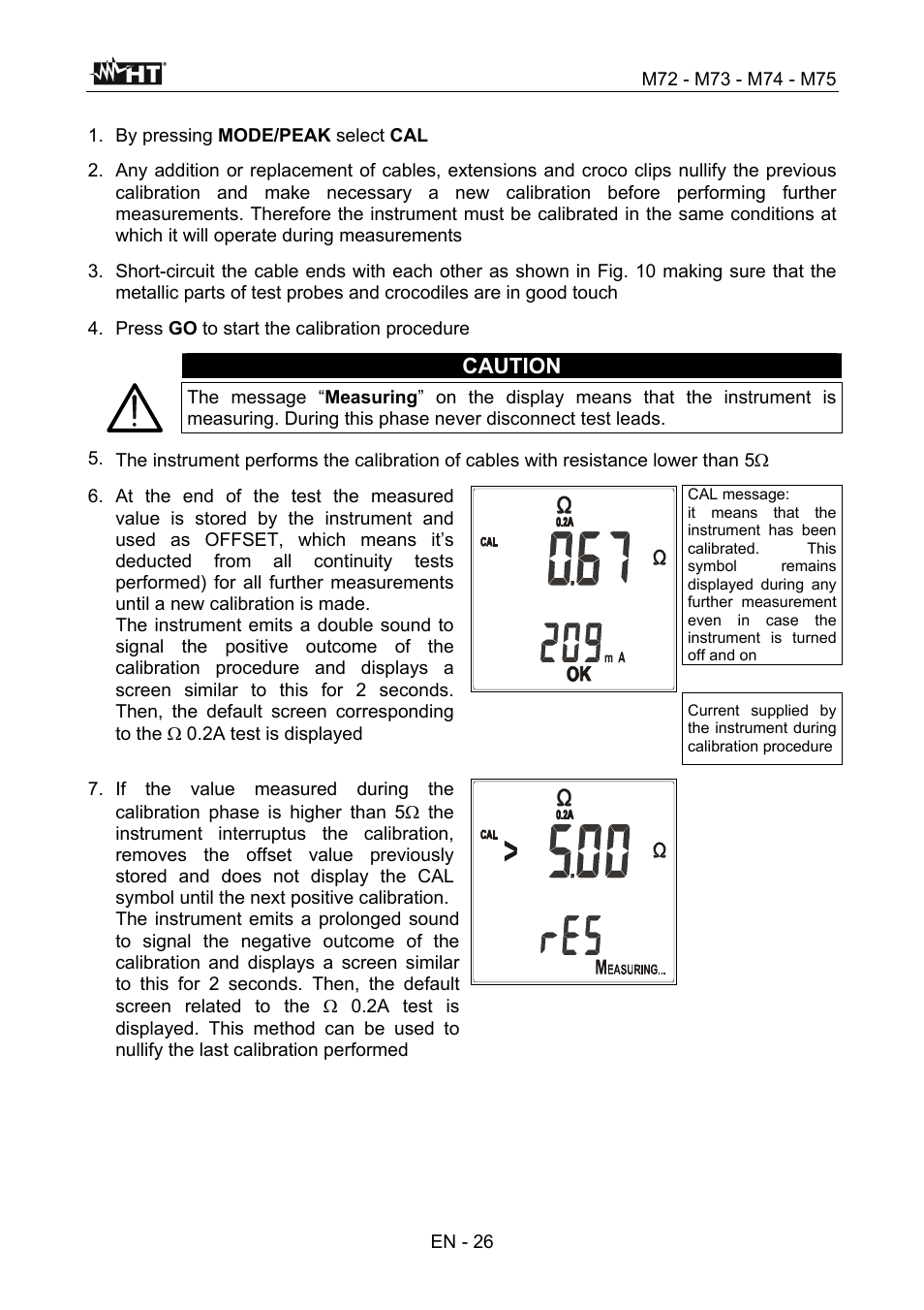 Caution, En - 26, By pressing mode/peak select cal | Press go to start the calibration procedure | HT instruments М75 User Manual | Page 28 / 48