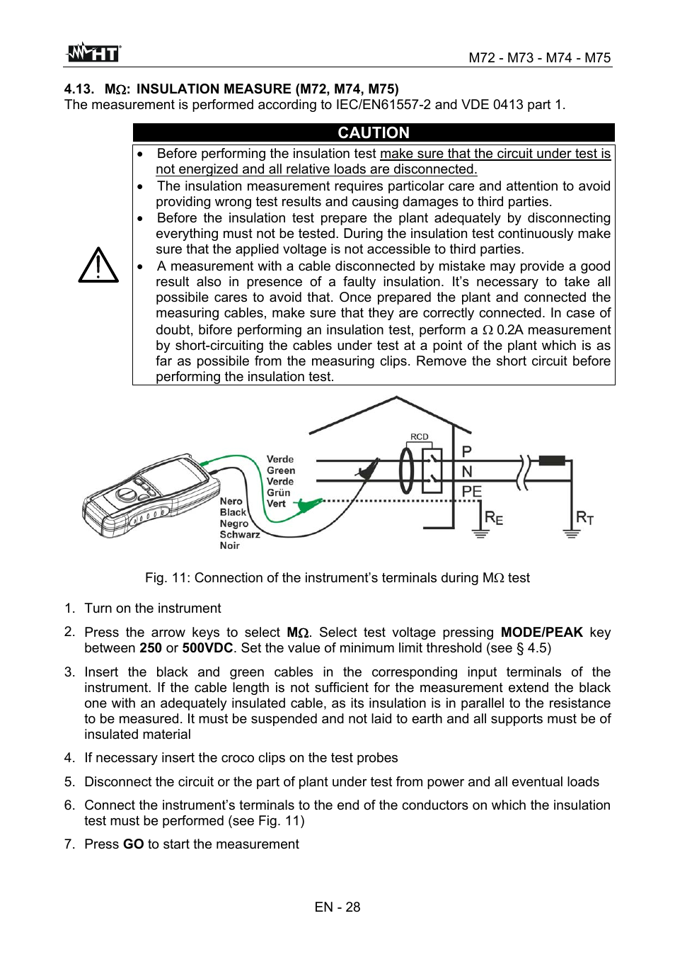 Caution, Turn on the instrument, Press go to start the measurement | HT instruments М75 User Manual | Page 30 / 48