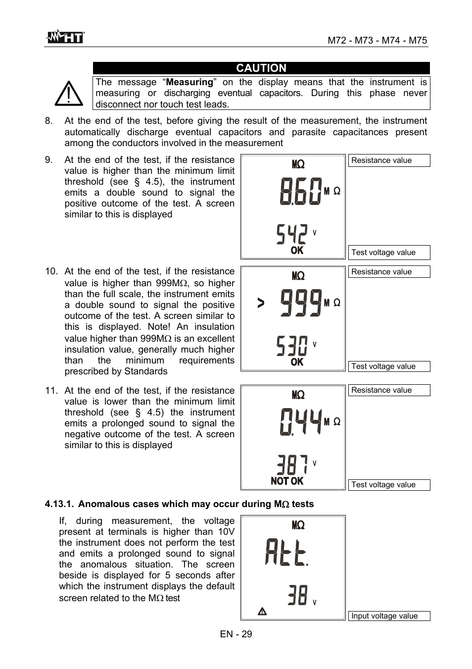 Caution, En - 29, Anomalous cases which may occur during m  tests | HT instruments М75 User Manual | Page 31 / 48