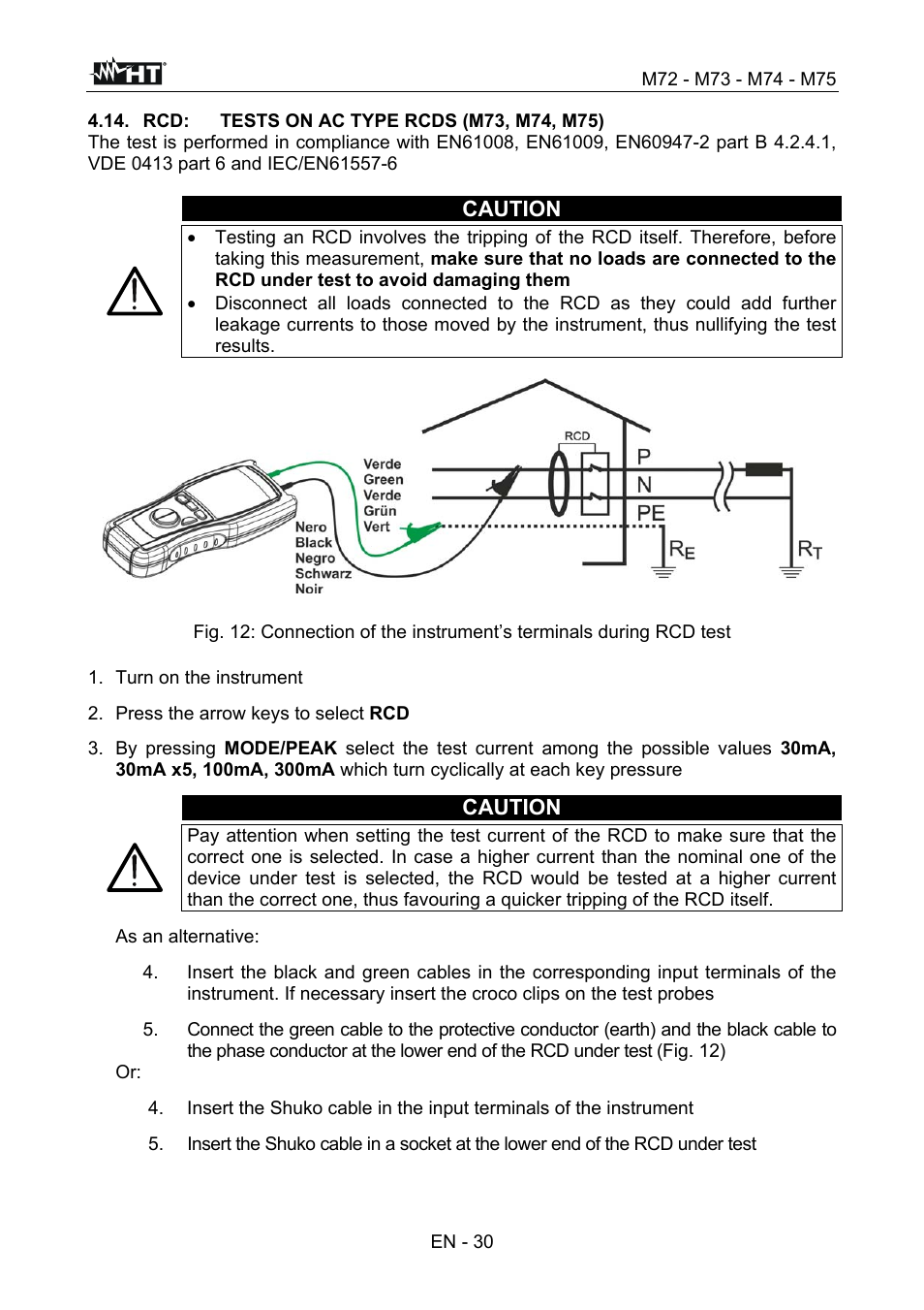 Caution, Turn on the instrument, Press the arrow keys to select rcd | As an alternative | HT instruments М75 User Manual | Page 32 / 48