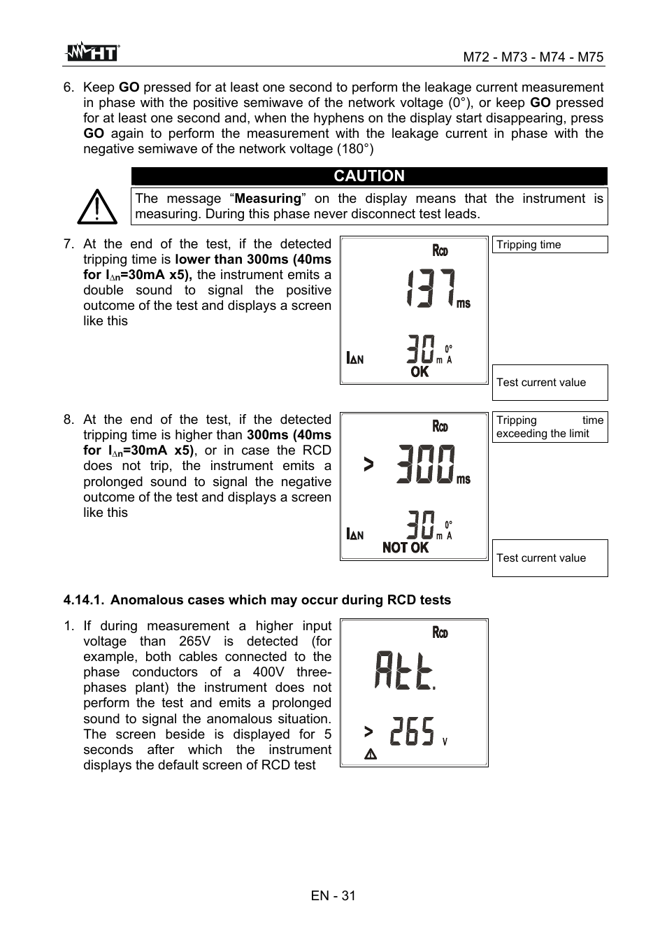 Caution, Anomalous cases which may occur during rcd tests | HT instruments М75 User Manual | Page 33 / 48