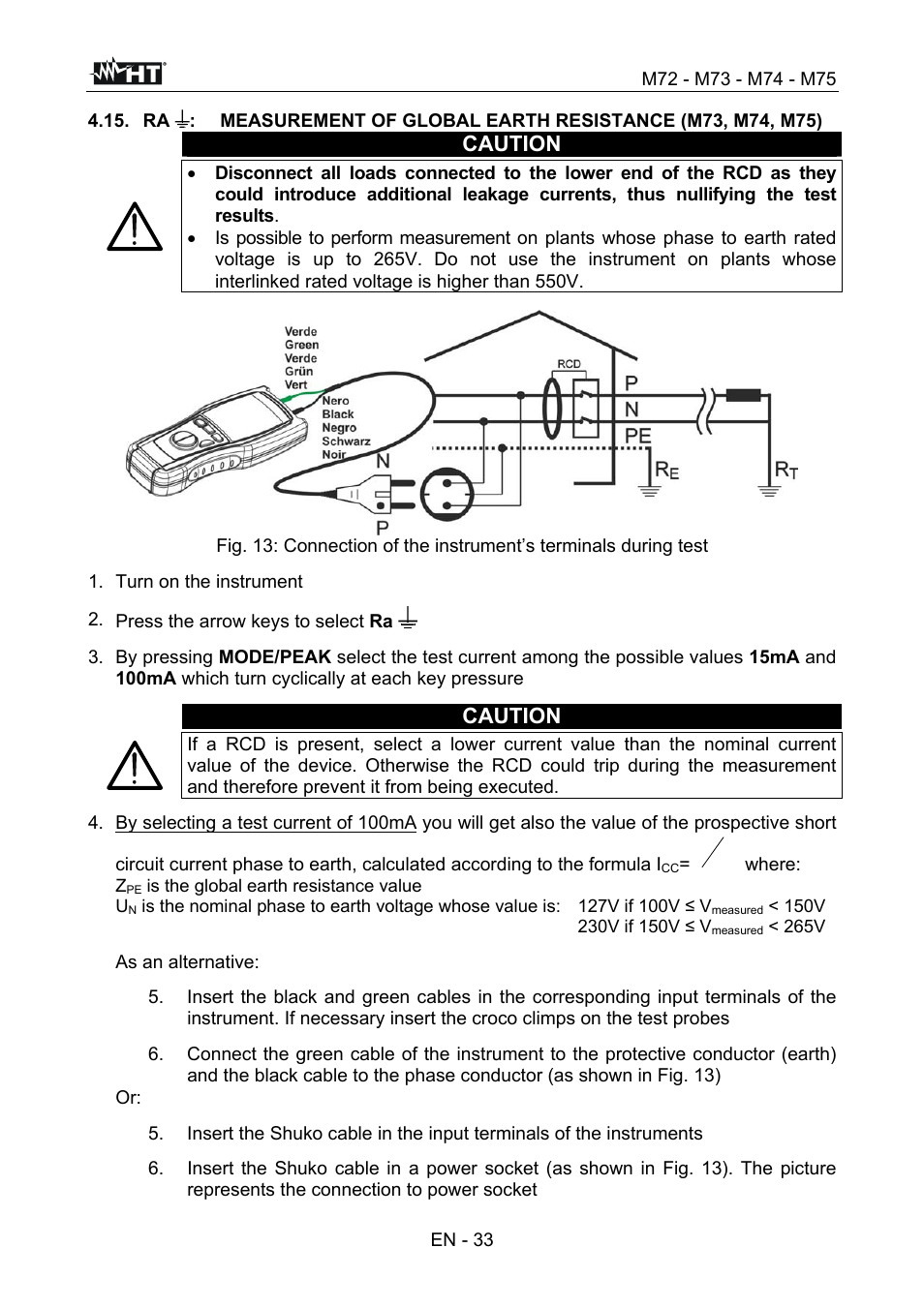 Caution, Turn on the instrument, Press the arrow keys to select ra | Zu where, As an alternative | HT instruments М75 User Manual | Page 35 / 48