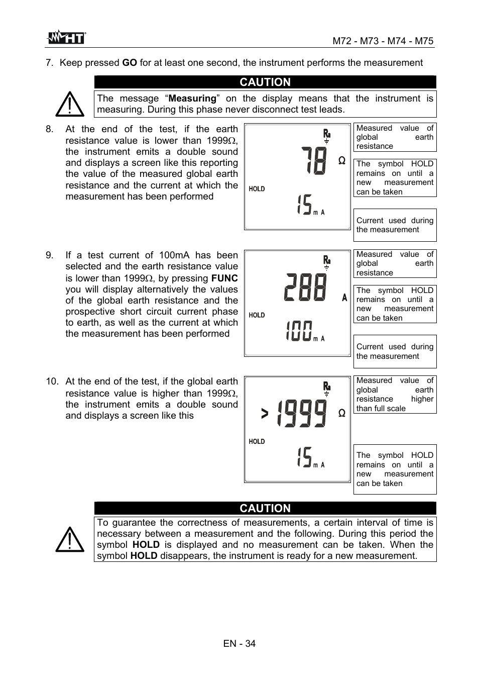 Caution | HT instruments М75 User Manual | Page 36 / 48