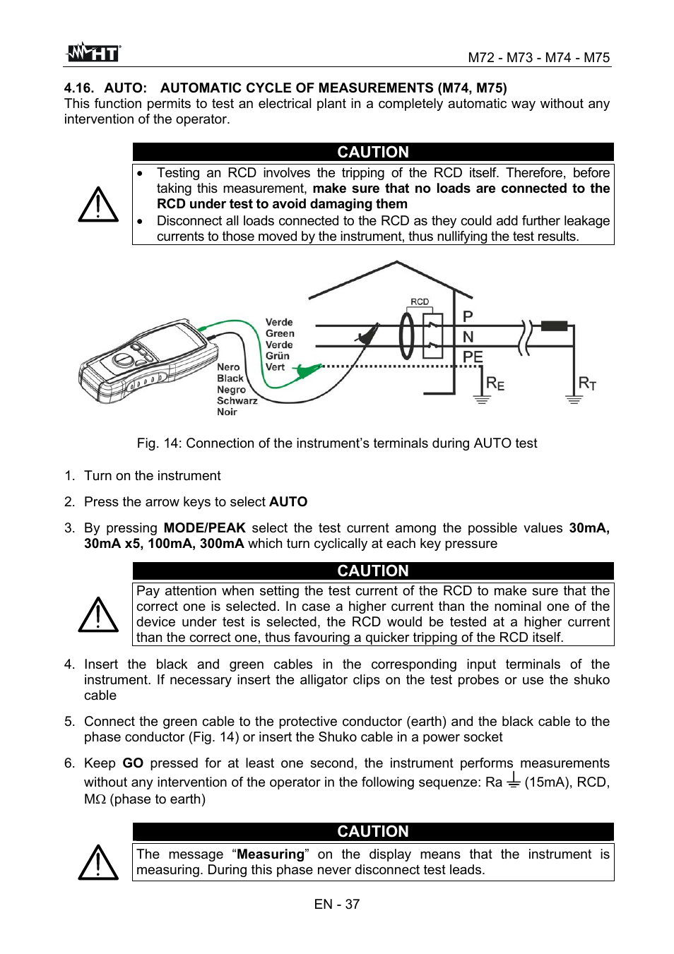 Caution, Turn on the instrument, Press the arrow keys to select auto | HT instruments М75 User Manual | Page 39 / 48