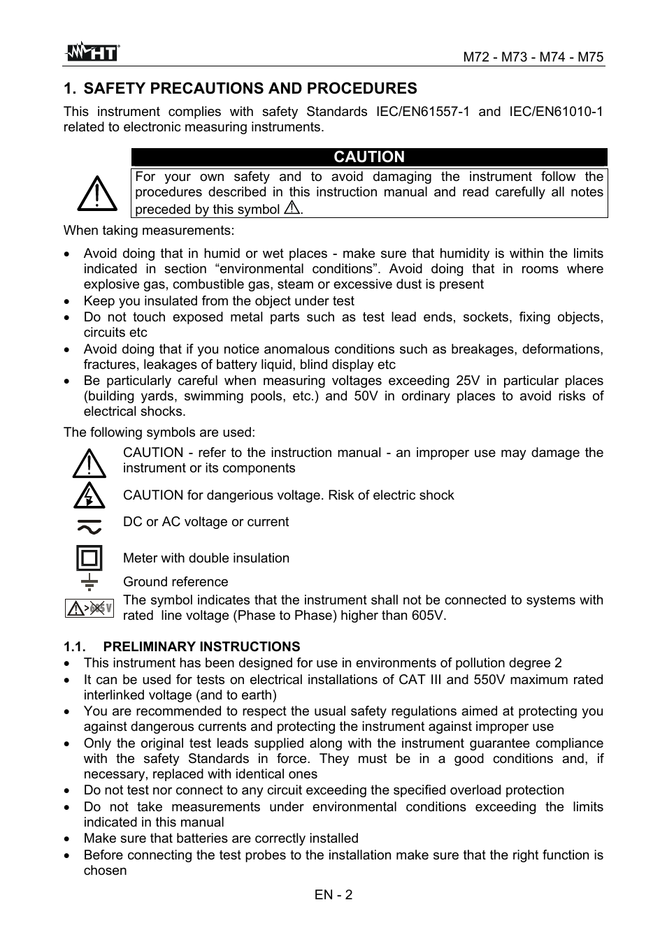 Safety precautions and procedures, Caution | HT instruments М75 User Manual | Page 4 / 48