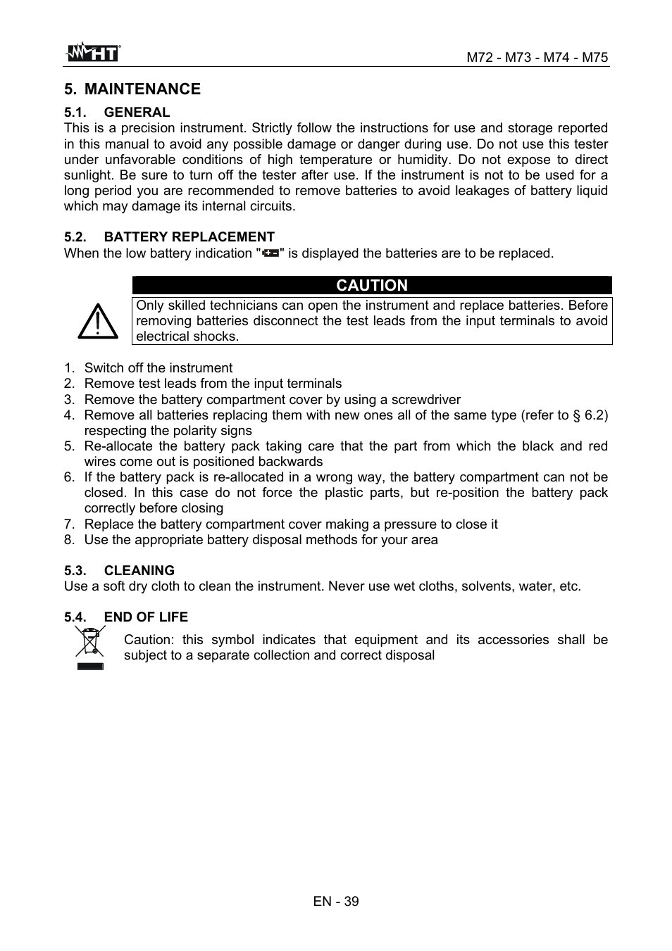 Maintenance, Caution | HT instruments М75 User Manual | Page 41 / 48