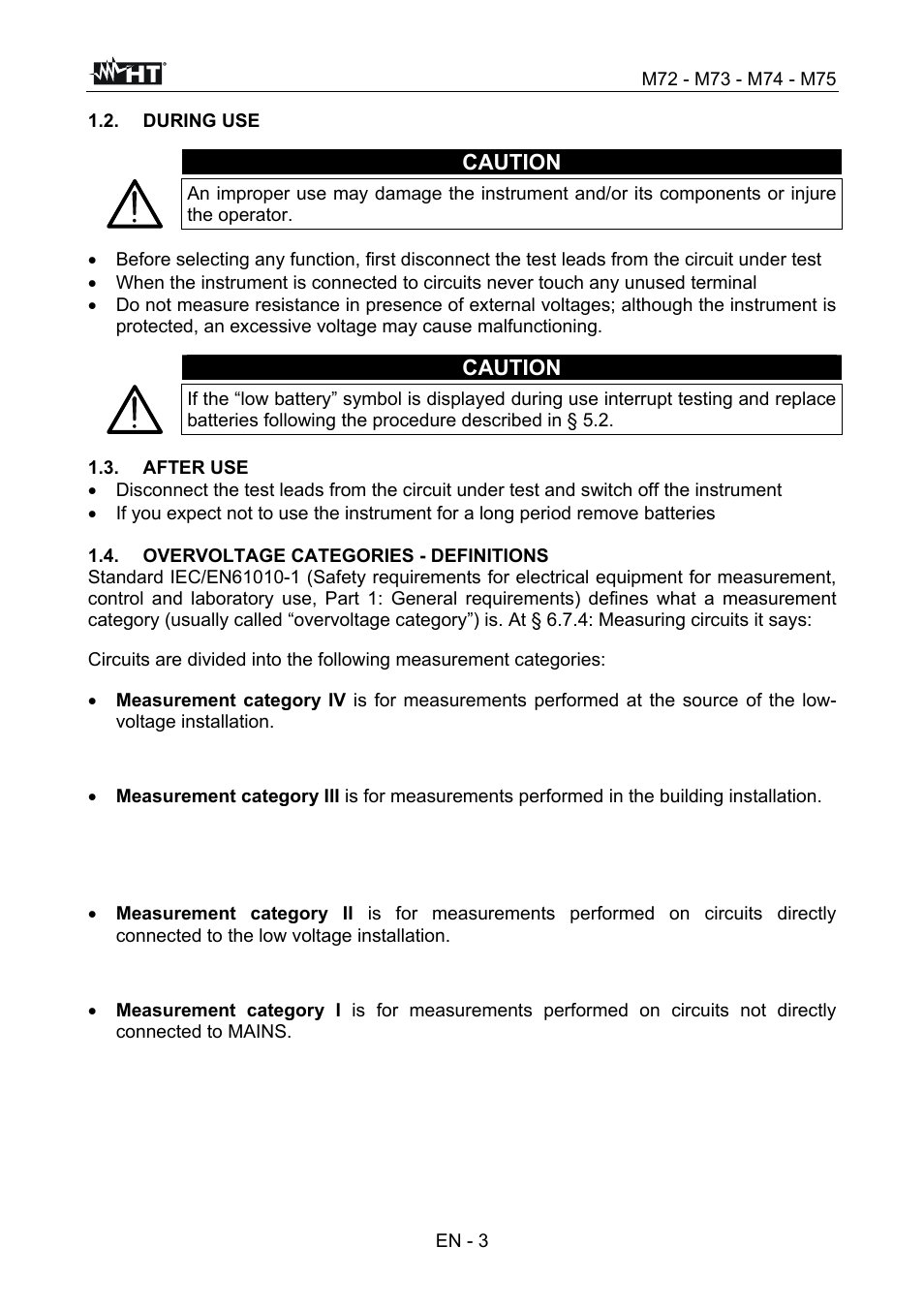 Caution | HT instruments М75 User Manual | Page 5 / 48