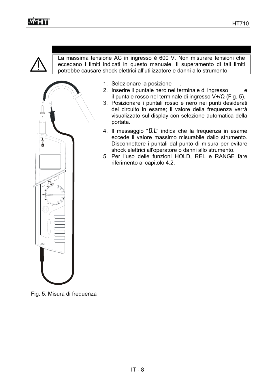Attenzione, Ht710, It - 8 4.4.3. misura di frequenza | HT instruments HT710 User Manual | Page 13 / 72