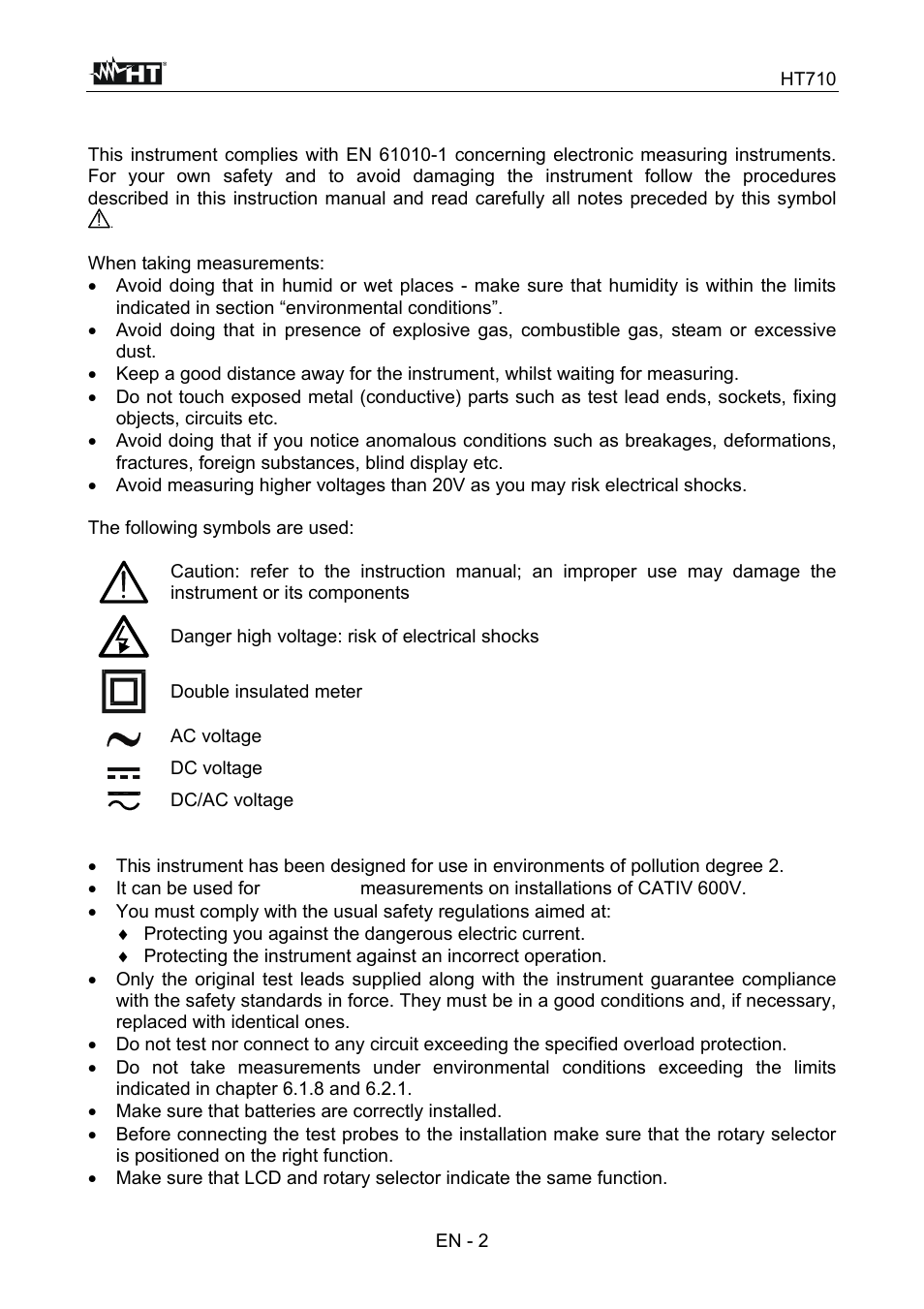 Safety precautions and procedures | HT instruments HT710 User Manual | Page 24 / 72