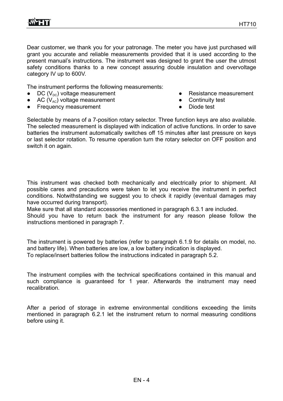 General description, Preparation for use | HT instruments HT710 User Manual | Page 26 / 72