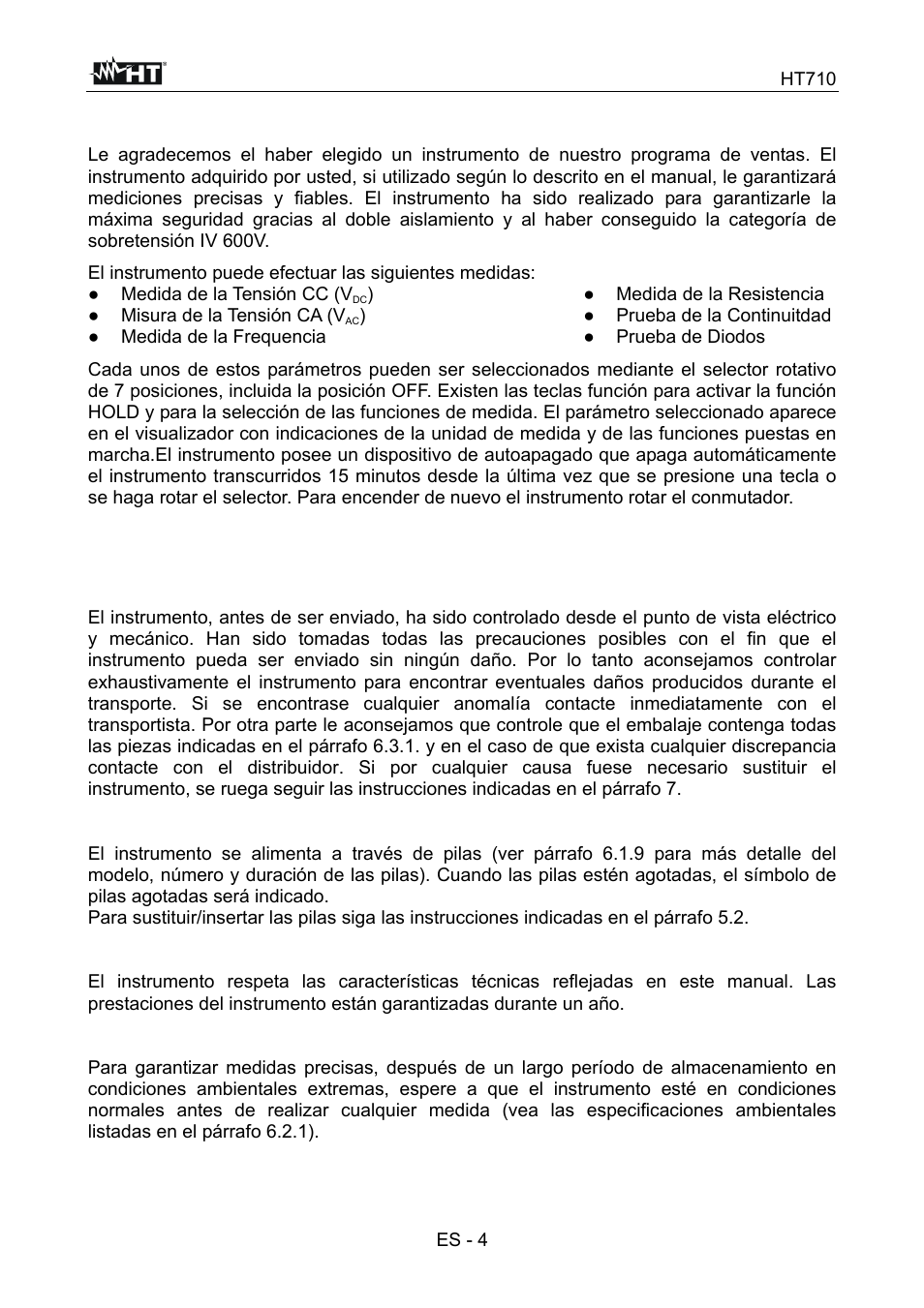 Descripción general, Preparación para el uso | HT instruments HT710 User Manual | Page 43 / 72