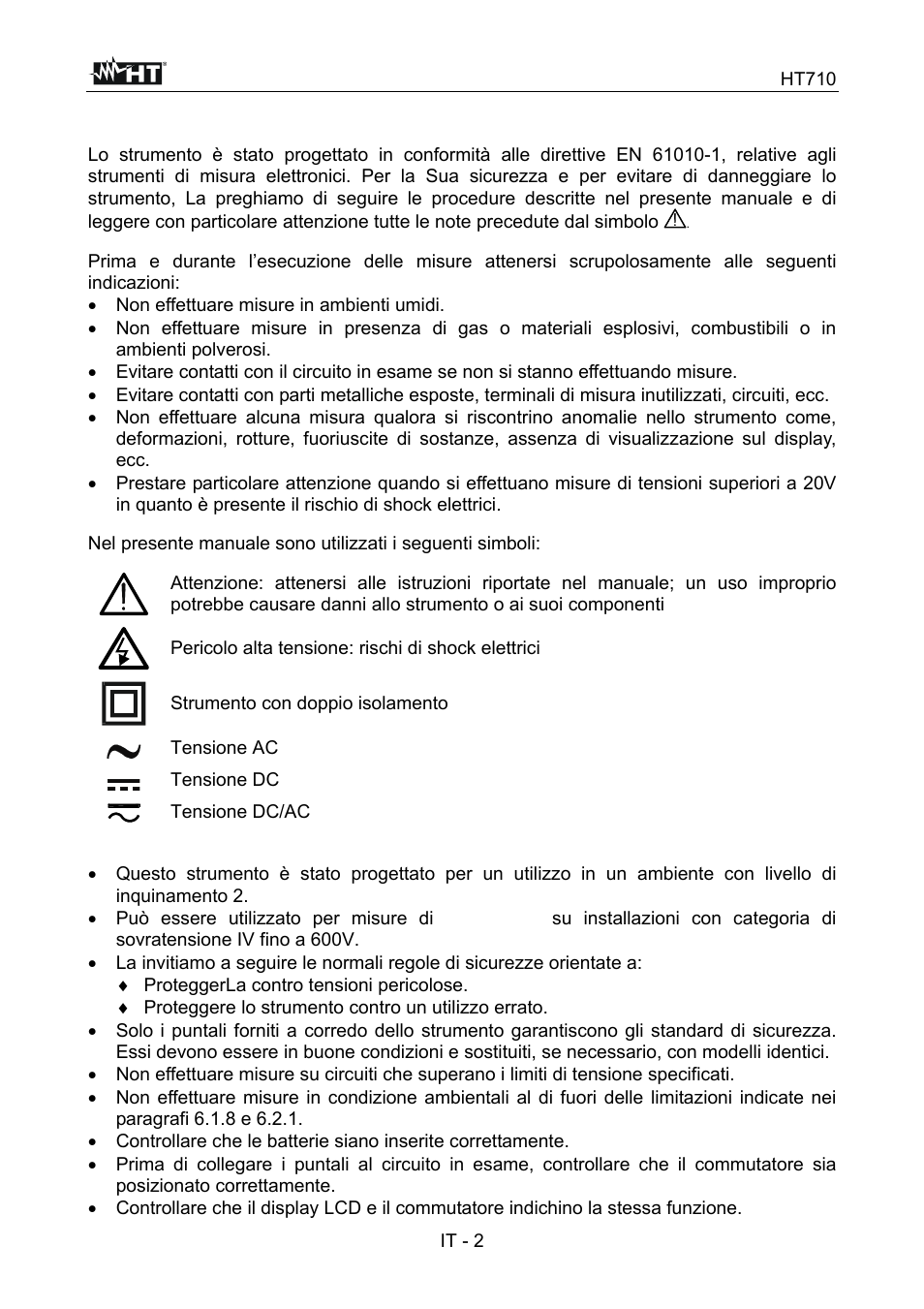 Precauzione e misure di sicurezza | HT instruments HT710 User Manual | Page 7 / 72
