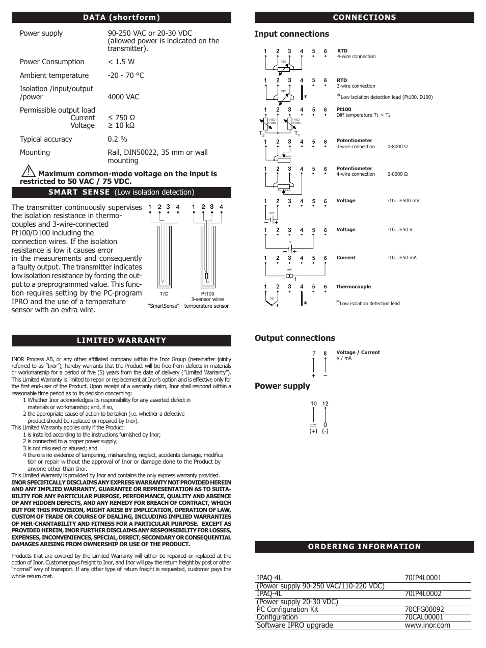 Input connections, Output connections power supply | INOR IPAQ-4L GB User Manual | Page 2 / 2