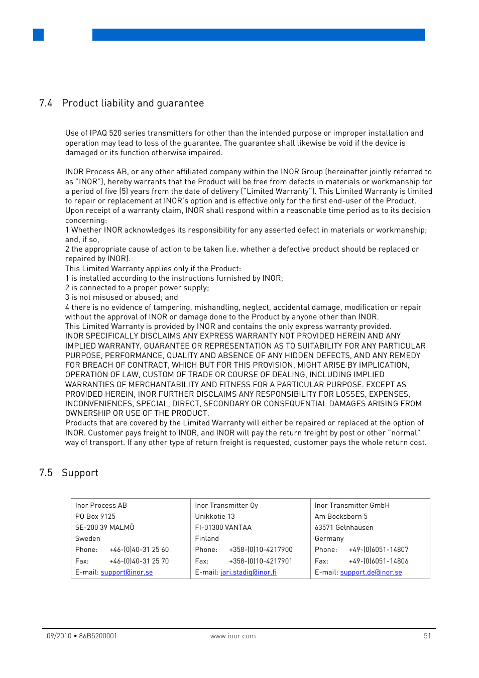 4 product liability and guarantee, 5 support, Service | INOR IPAQ R520X User Manual | Page 51 / 52