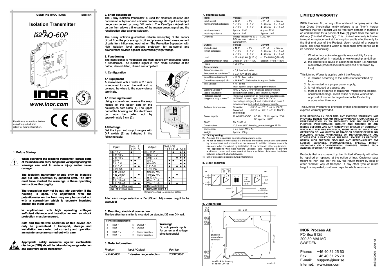 INOR ISOPAQ-60P GB User Manual | 1 page