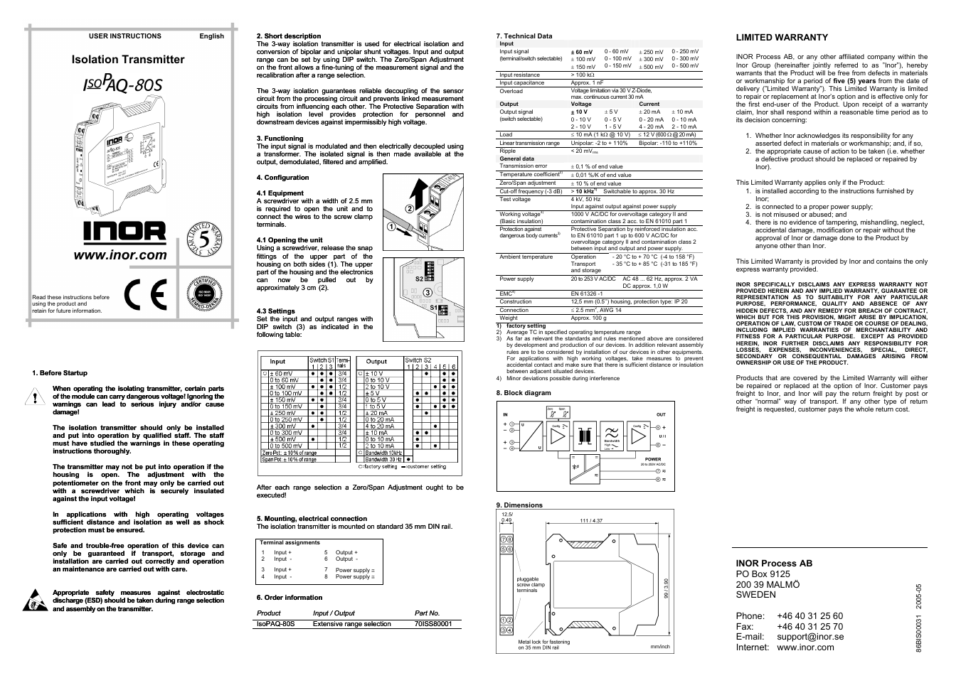 INOR ISOPAQ-80S GB User Manual | 1 page