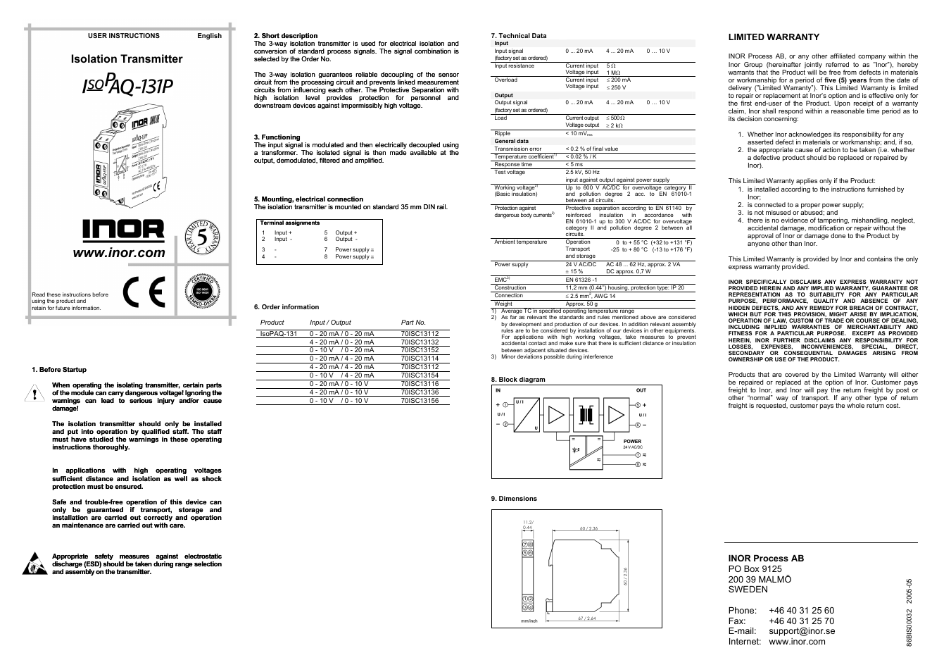 INOR ISOPAQ-131P GB User Manual | 1 page