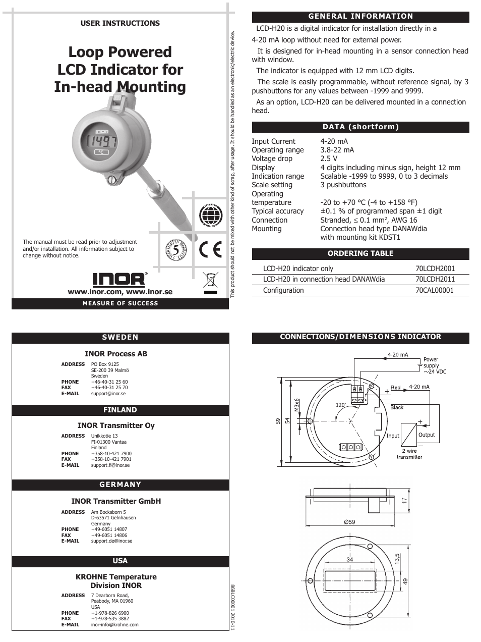 INOR LCD-H20 User Manual | 2 pages
