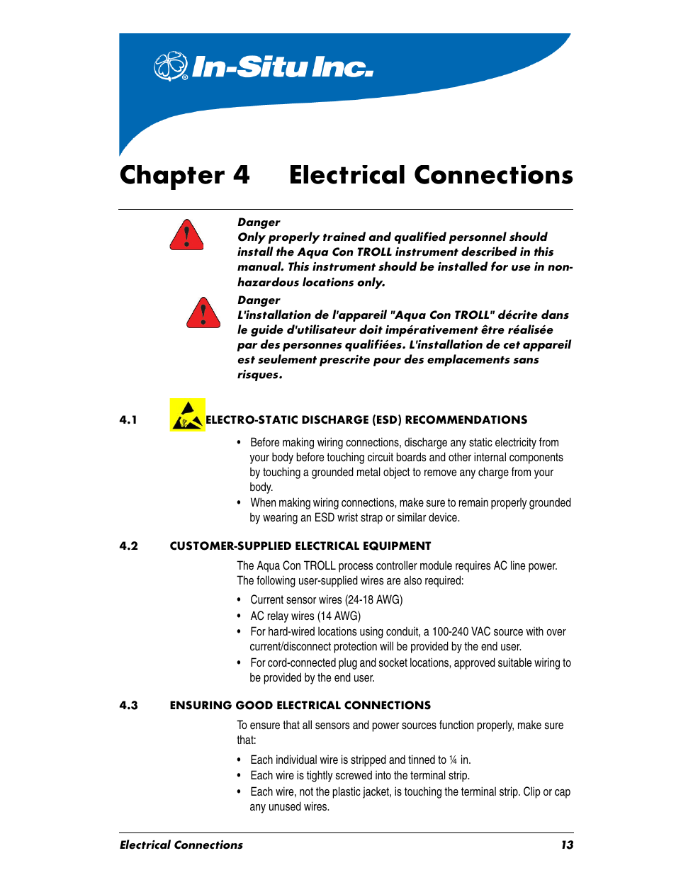 Chaptertitle - chapter 4 electrical connections, Chapter 4, Elec | 1 electro-static discharge (esd) recommendations, 2 customer-supplied electrical equipment, 3 ensuring good electrical connections, Chapter 4 electrical connections | In-Situ Aquaculture Aerator Controller Manual User Manual | Page 13 / 22