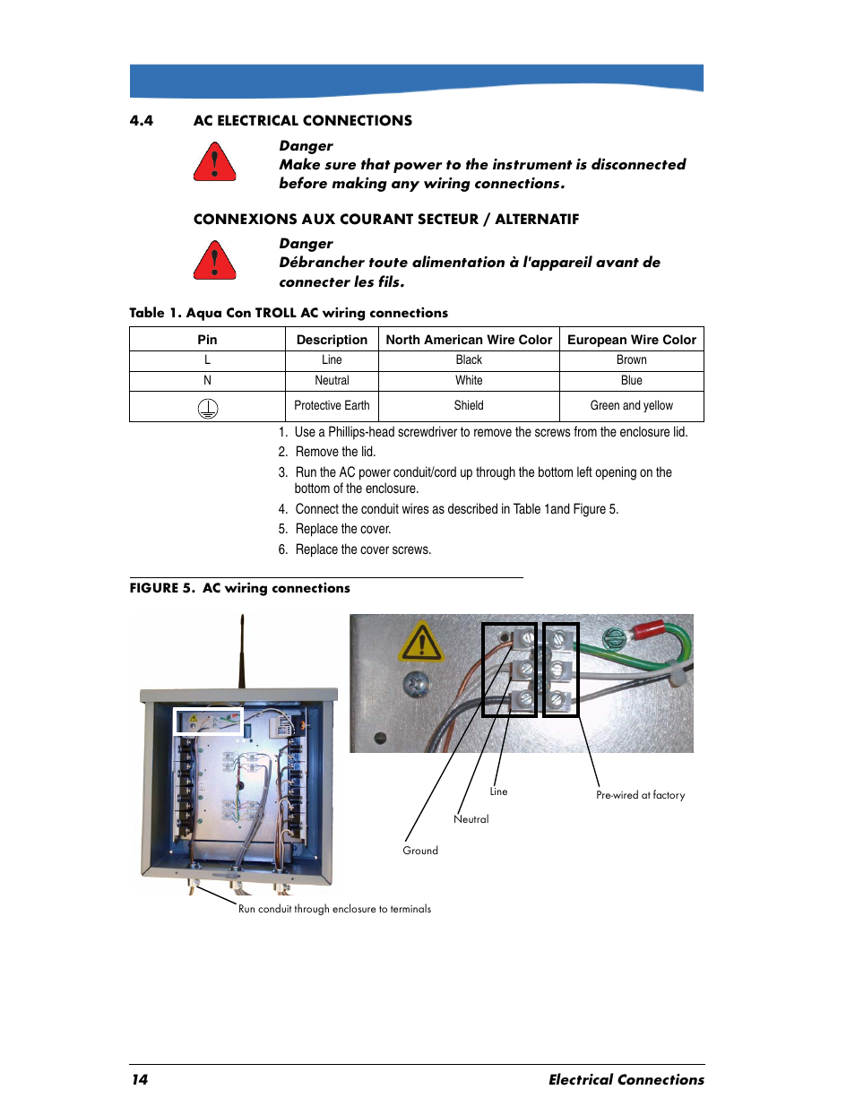 Heading1 - 4.4 ac electrical connections, Cellbodycentered - l, Cellbodycentered - line | Cellbodycentered - black, Cellbodycentered - brown, Cellbodycentered - n, Cellbodycentered - neutral, Cellbodycentered - white, Cellbodycentered - blue, Cellbodycentered | In-Situ Aquaculture Aerator Controller Manual User Manual | Page 14 / 22