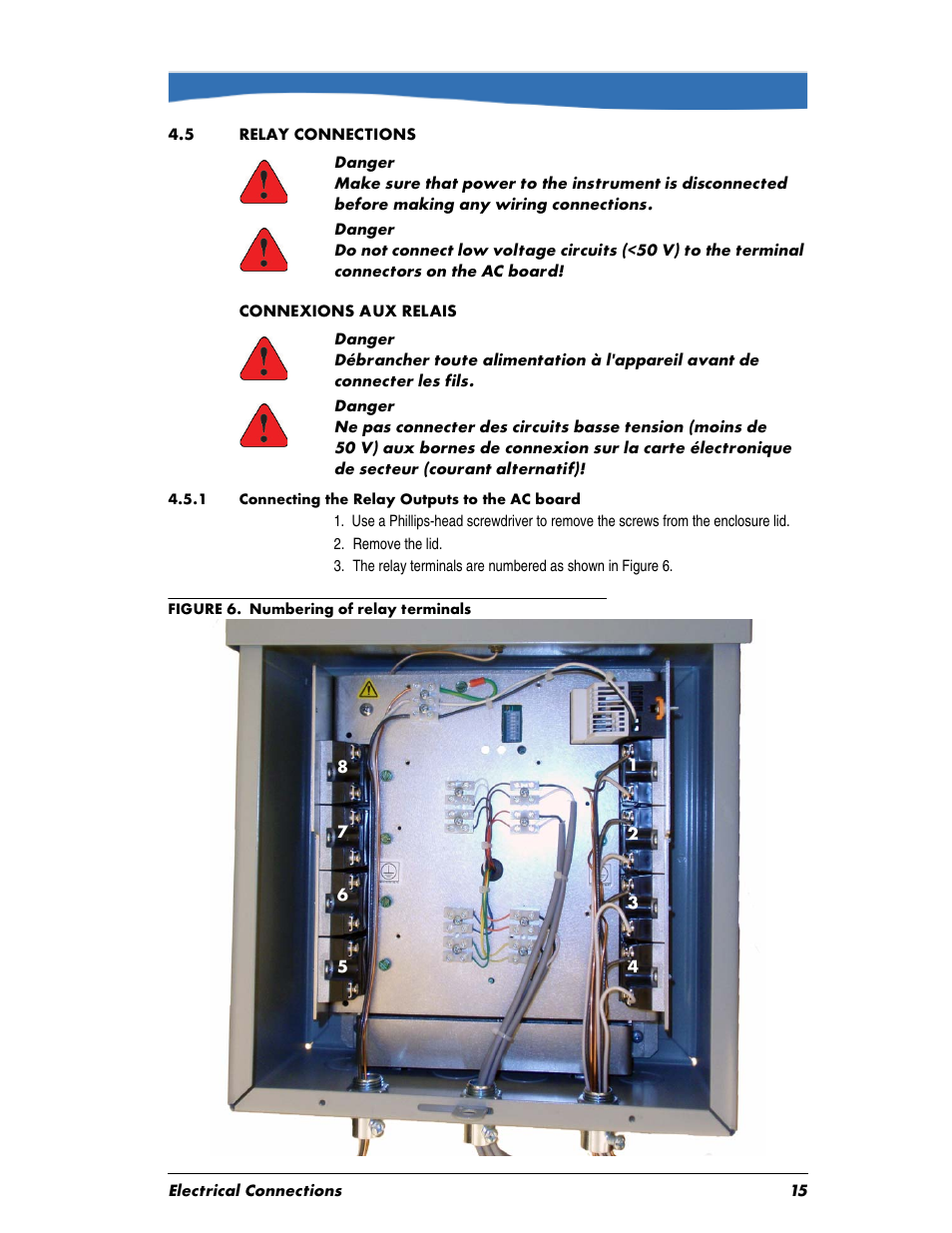 Heading1 - 4.5 relay connections, Heading1-no num - connexions aux relais, Numbered - 2. remove the lid | Figure - figure 6. numbering of relay terminals, 5 relay connections, 1 connecting the relay outputs to the ac board | In-Situ Aquaculture Aerator Controller Manual User Manual | Page 15 / 22