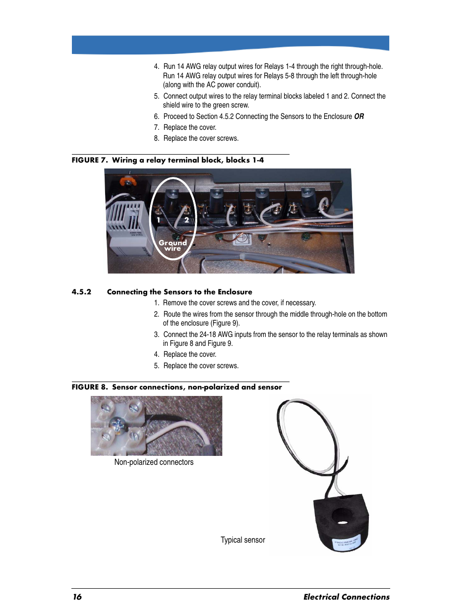 Numbered - 7. replace the cover, Numbered - 8. replace the cover screws, Numbered - 4. replace the cover | Numbered - 5. replace the cover screws, Body - non-polarized connectors, 2 connecting the sensors to the enclosure | In-Situ Aquaculture Aerator Controller Manual User Manual | Page 16 / 22