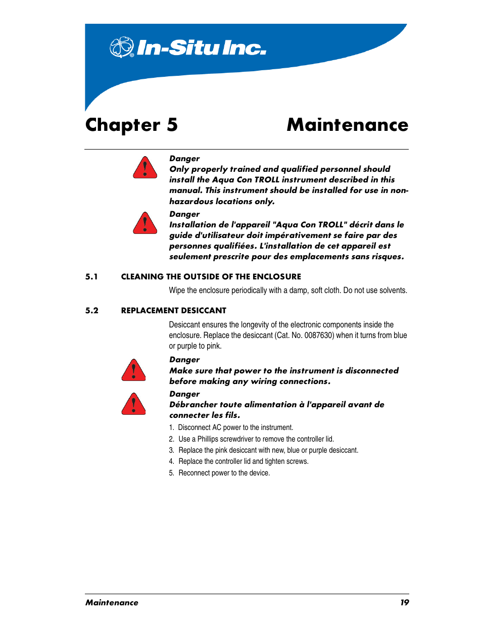 Chaptertitle - chapter 5 maintenance, Heading1 - 5.2 replacement desiccant, Numbered - 5. reconnect power to the device | Chapter 5, Maint, 1 cleaning the outside of the enclosure, 2 replacement desiccant, Chapter 5 maintenance | In-Situ Aquaculture Aerator Controller Manual User Manual | Page 19 / 22