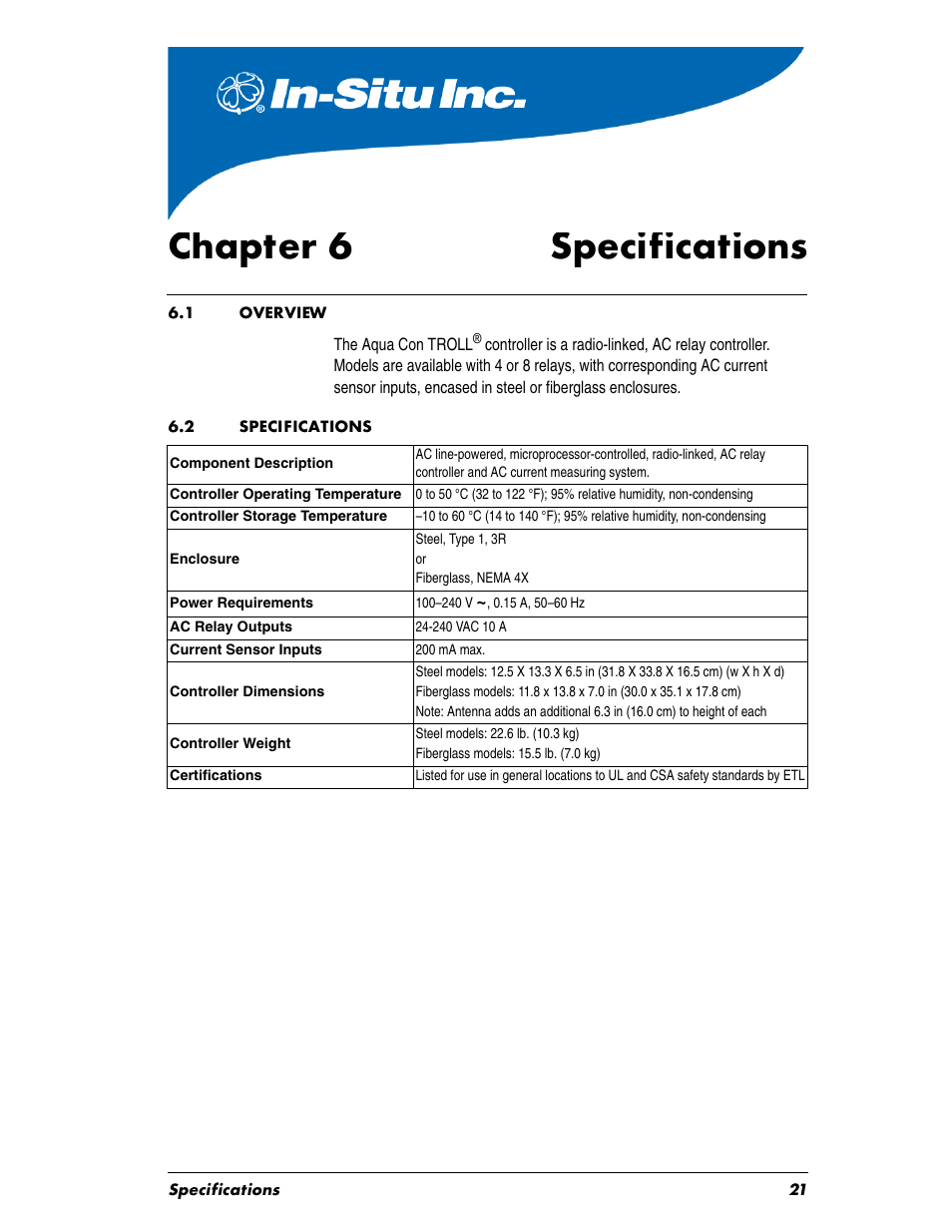 Chaptertitle - chapter 6 specifications, Heading1 - 6.1 overview, Heading1 - 6.2 specifications | Body, Chapter 6, 1 overview, 2 specifications, Chapter 6 specifications | In-Situ Aquaculture Aerator Controller Manual User Manual | Page 21 / 22