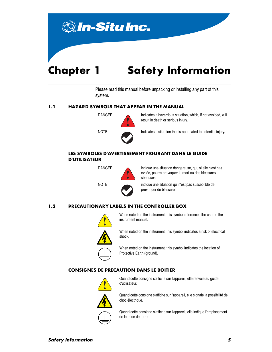 Chaptertitle - chapter 1 safety information, Side anchor, Chapter 1 | 1 hazard symbols that appear in the manual, 2 precautionary labels in the controller box, Chapter 1 safety information | In-Situ Aquaculture Aerator Controller Manual User Manual | Page 5 / 22