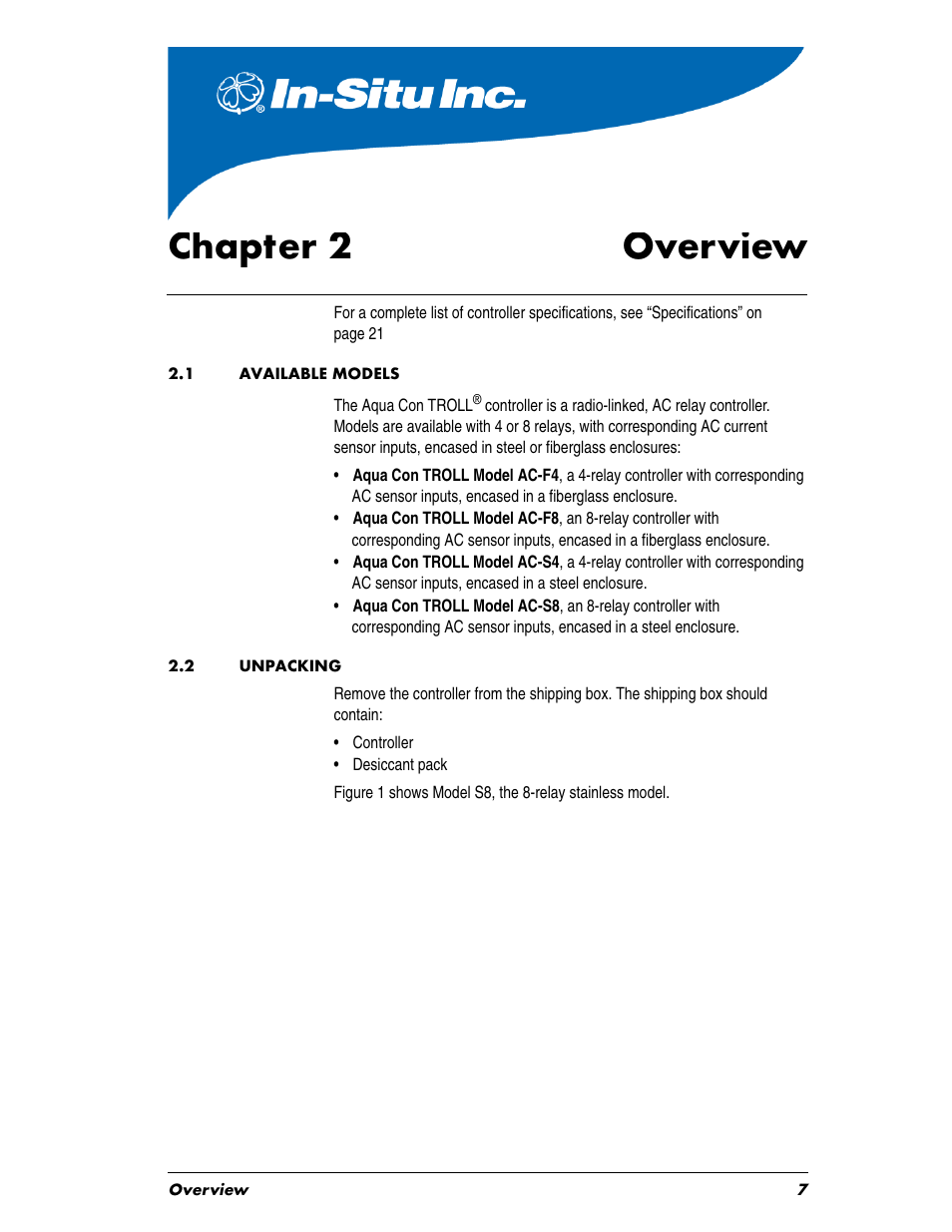 Chaptertitle - chapter 2 overview, Heading1 - 2.1 available models, Heading1 - 2.2 unpacking | Chapter 2, 1 available models, 2 unpacking, Chapter 2 overview | In-Situ Aquaculture Aerator Controller Manual User Manual | Page 7 / 22