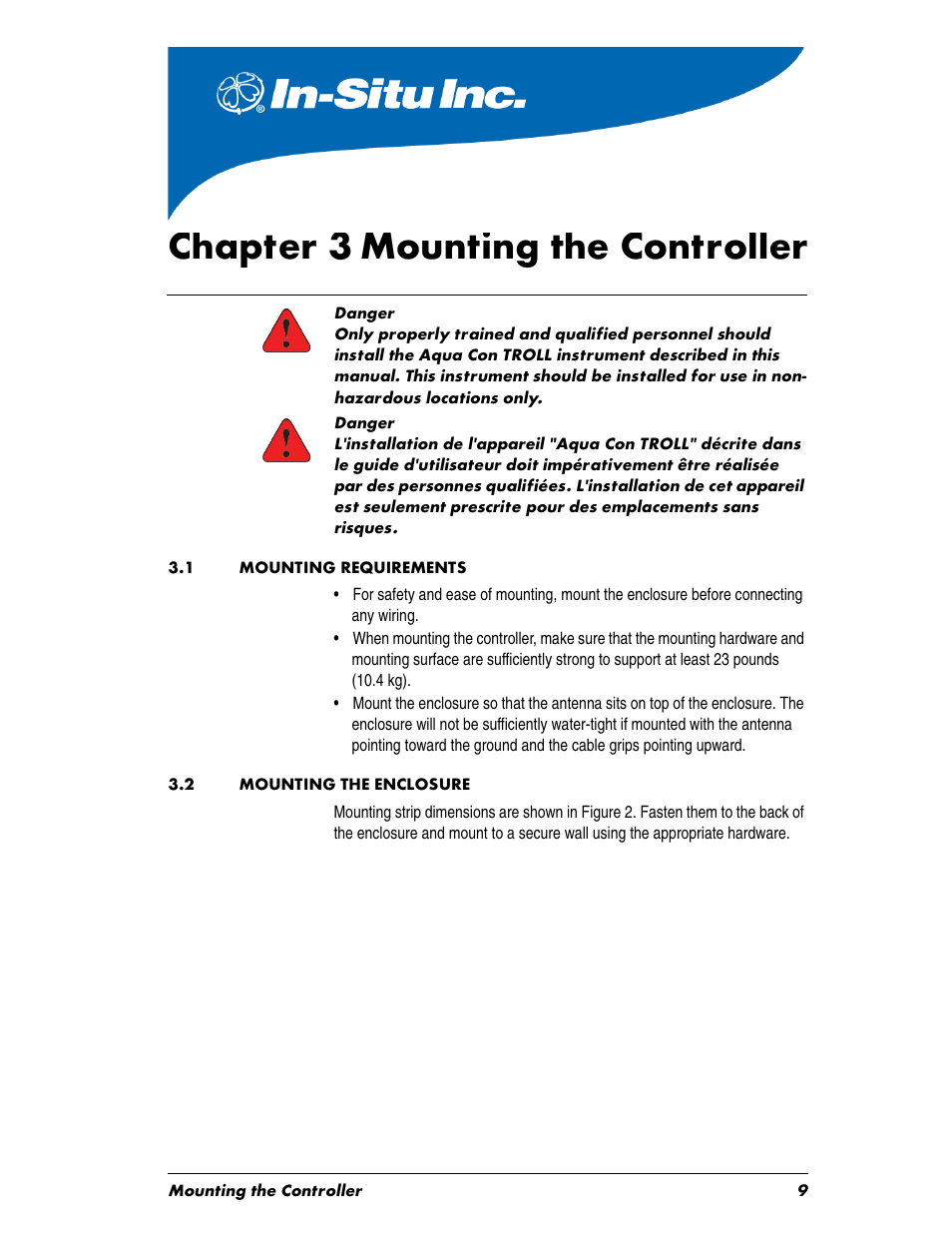 Chaptertitle - chapter 3 mounting the controller, Heading1 - 3.1 mounting requirements, Heading1 - 3.2 mounting the enclosure | Chapter 3, Mount, 1 mounting requirements, 2 mounting the enclosure, Chapter 3 mounting the controller | In-Situ Aquaculture Aerator Controller Manual User Manual | Page 9 / 22